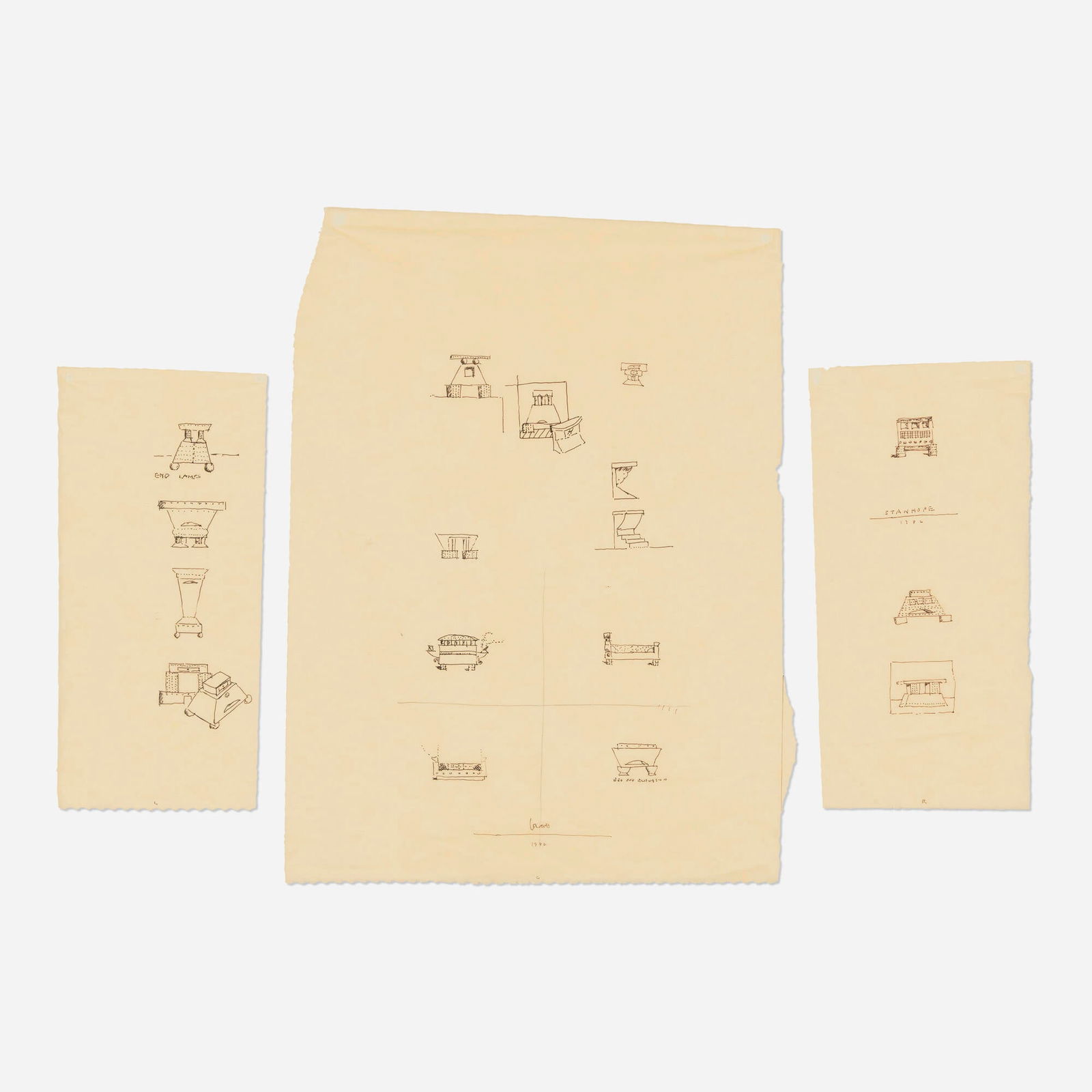 Michael Graves, Stanhope bedframe sketches (three works): Michael Graves Stanhope bedframe sketches (three works) 1982 ink on tracing paper 13 h x 6 w in (33 x 15 cm) 20 h x 15 w in (51 x 38 cm) 13 h x 6 w in (33 x 15 cm) Signed and dated to lower center