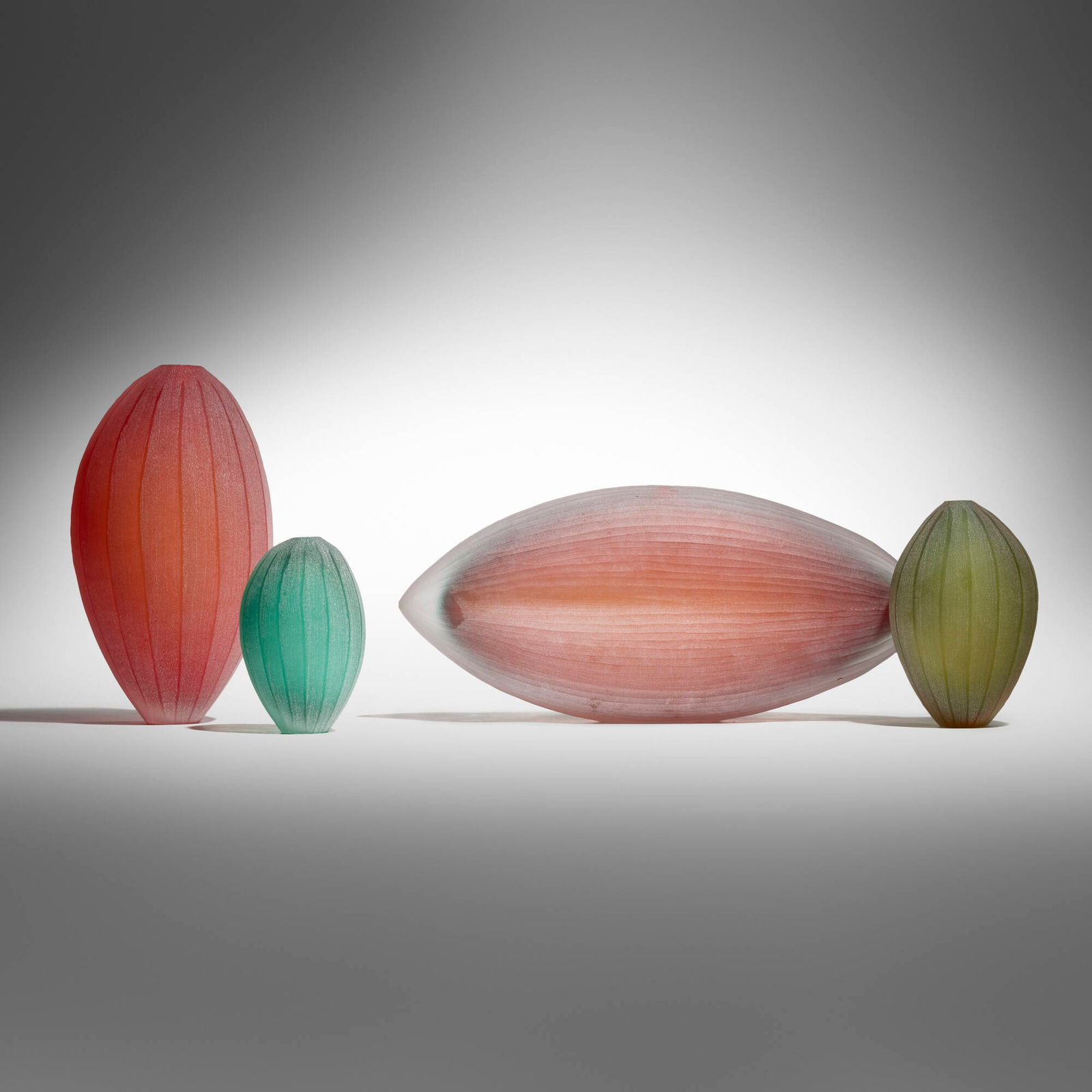 Laura de Santillana, Four vases from the Papaya series: Laura de Santillana Four vases from the Papaya series Arcade Murano Italy, 1995 hand-blown and cold-worked glass largest: 7 h x 16 w x 4 d in (18 x 41 x 10 cm) smallest: 5.5 h x 3.25 d in (14 x 8