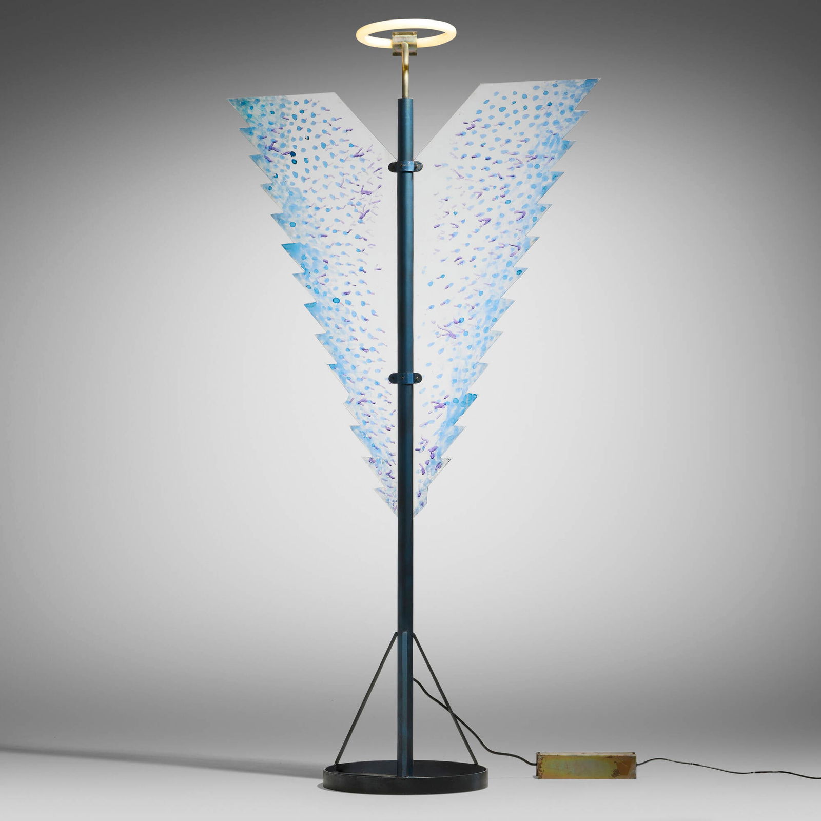 Ugo La Pietra, Arcangelo Metropolitani floor lamp: Ugo La Pietra Arcangelo Metropolitani floor lamp Italy, 1977 painted steel, hand-painted methacrylate 88.5 h x 57.5 w x 19.75 d in (225 x 146 x 50 cm) Provenance: Acquired directly from the artist