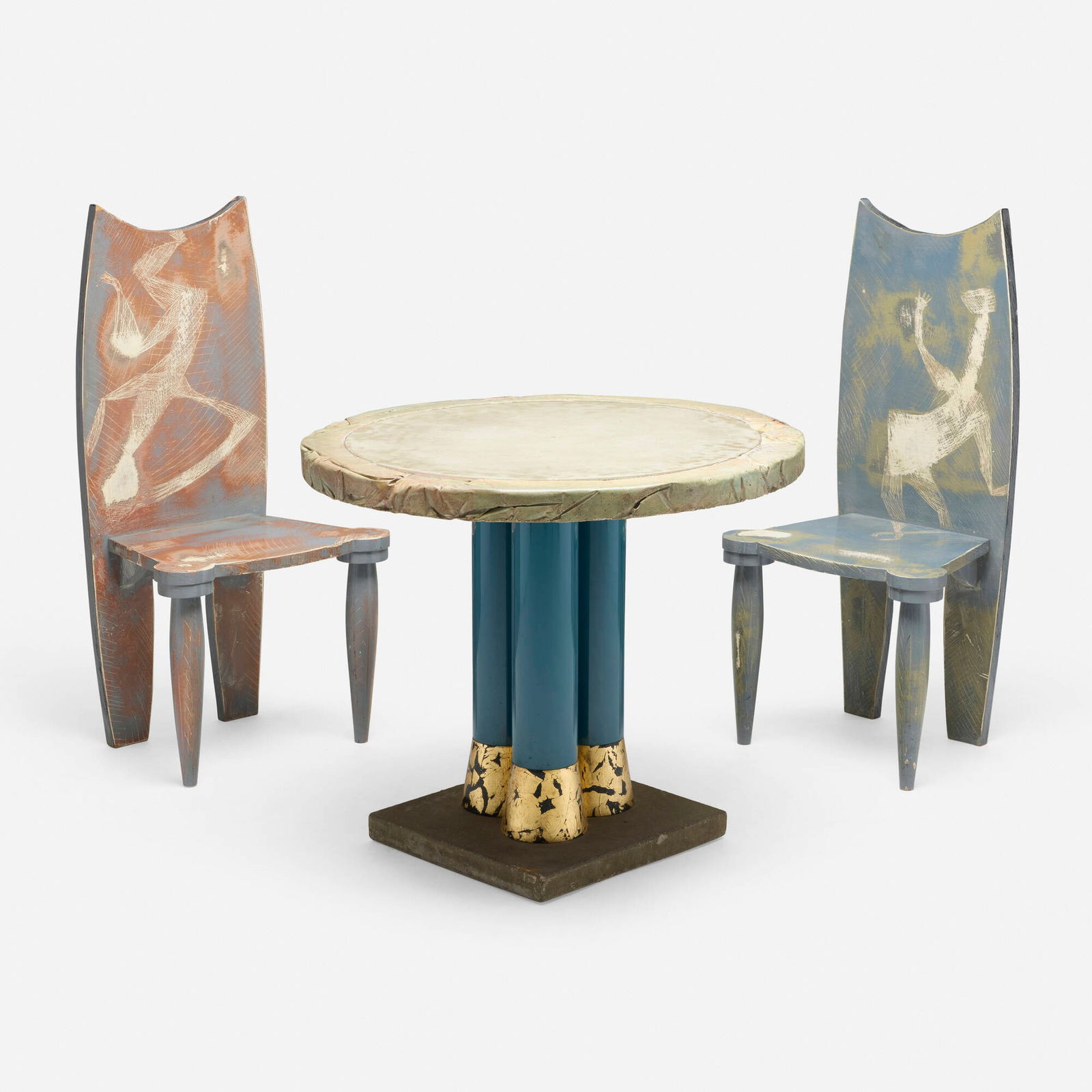 Carmen Spera, Table and chairs, set of two: Carmen Spera Table and chairs, set of two USA, c. 1985 painted concrete, painted wood, painted and gilt metal table: 29.5 h x 34 dia in (75 x 86 cm) chair: 42.75 h x 20.25 w x 15 d in (109 x 51 x