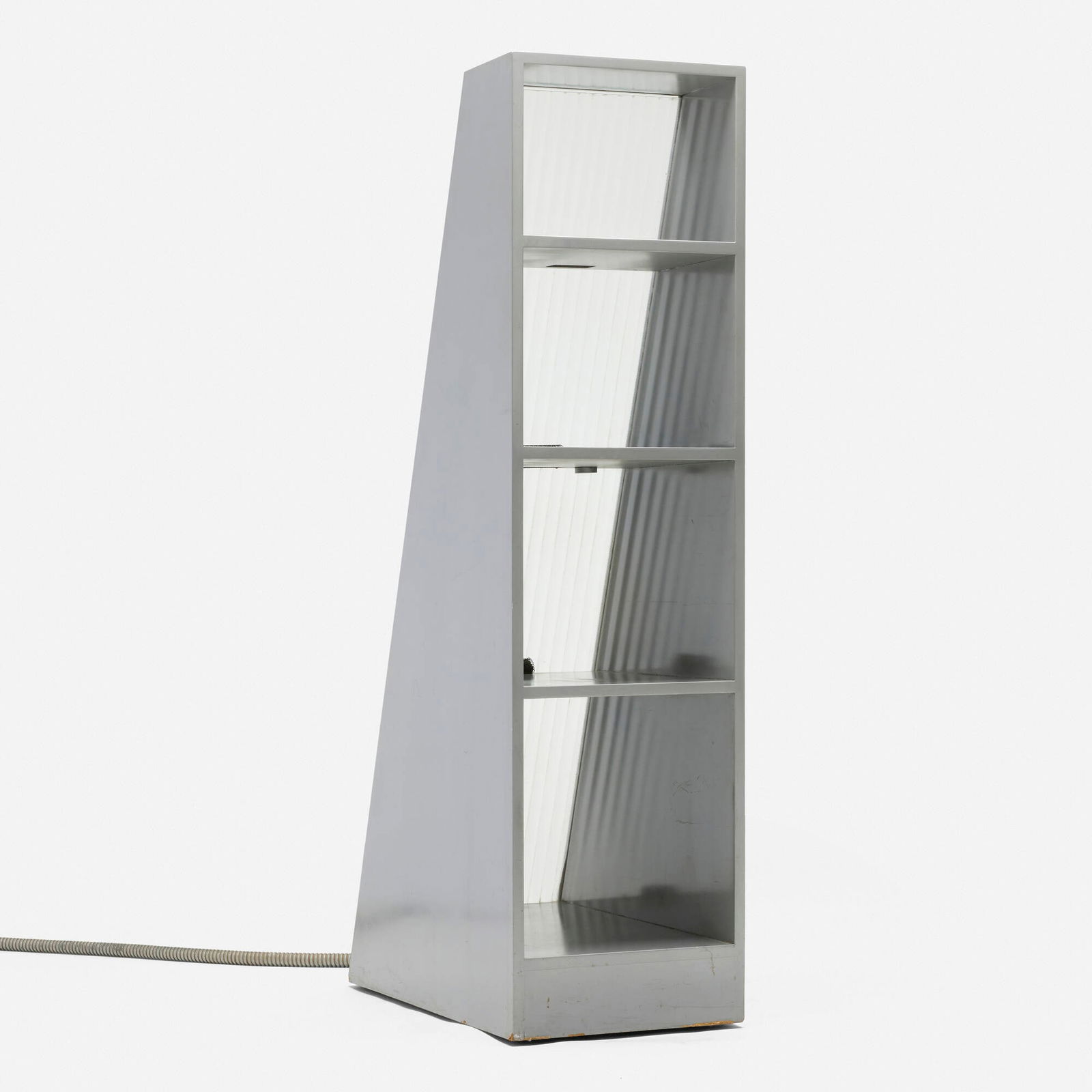 James Hong, Karnak: James Hong Karnak Art et Industrie USA, 1979 lacquered wood, frosted glass, steel 61.5 h x 16 w x 30 d in (156 x 41 x 76 cm) Cabinet features four shelves with recessed lighting and two with an
