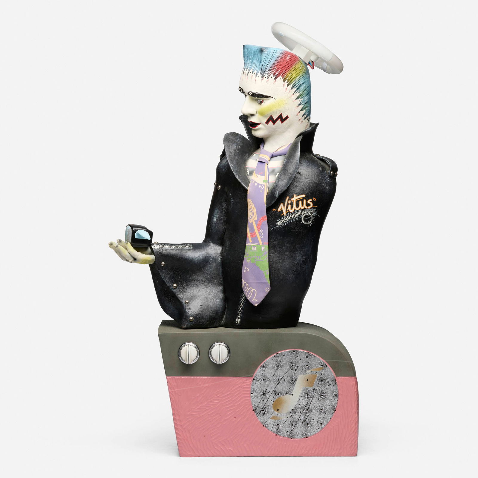 Mark Burns, St. Vitus (Figural Lamp): Mark Burns St. Vitus (Figural Lamp) USA, 1983 glazed and painted earthenware, silk, metal, found objects 42 h x 22 w x 11 d in (107 x 56 x 28 cm) Provenance: Private Collection Exhibited: Tales