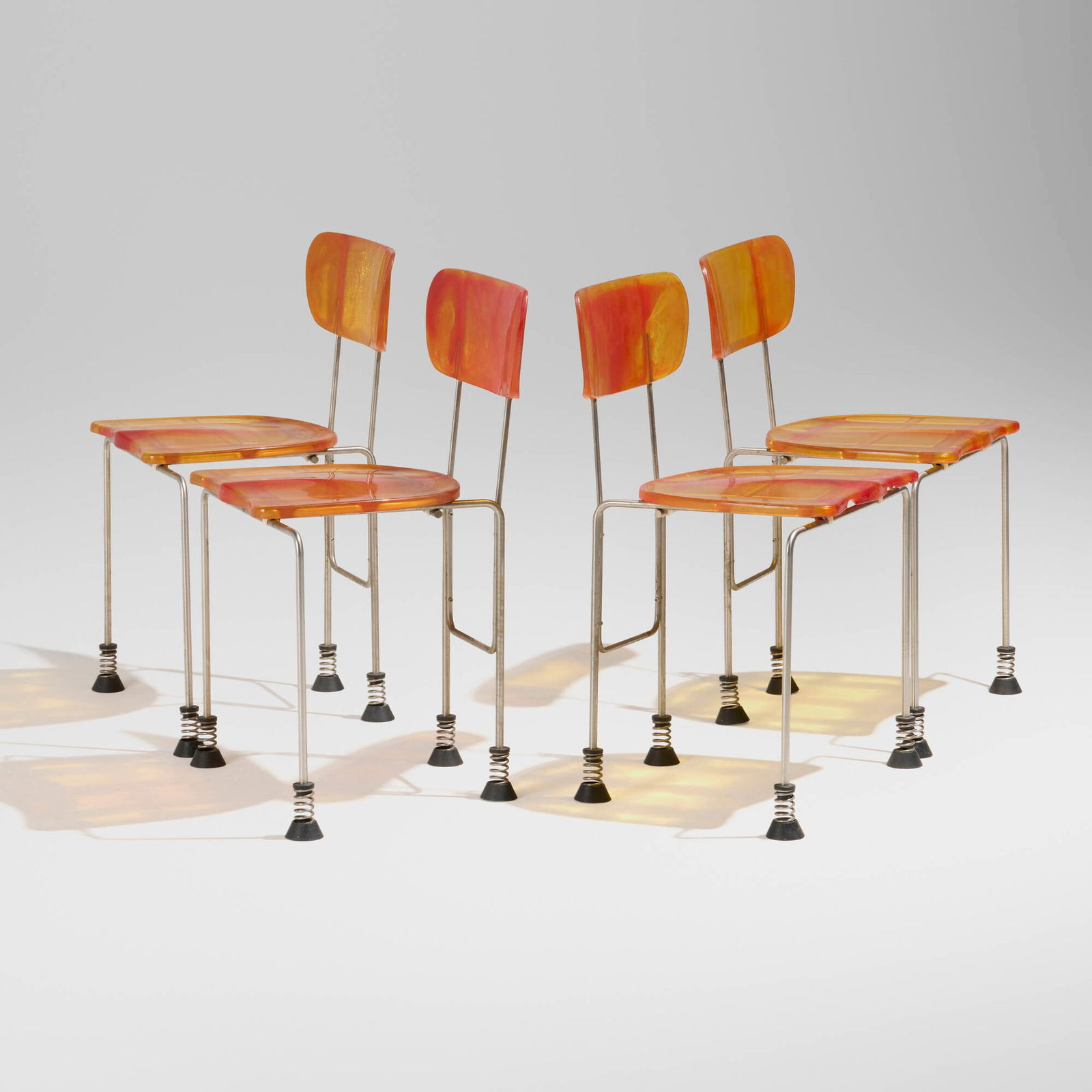 Gaetano Pesce, 543 Broadway chairs, set of four: Gaetano Pesce 543 Broadway chairs, set of four Bernini S.p.A. Italy, 1993 resin, chrome-plated steel, rubber 29.25 h x 21.5 w x 18.25 d in (74 x 55 x 46 cm) Molded manufacturer's mark to underside