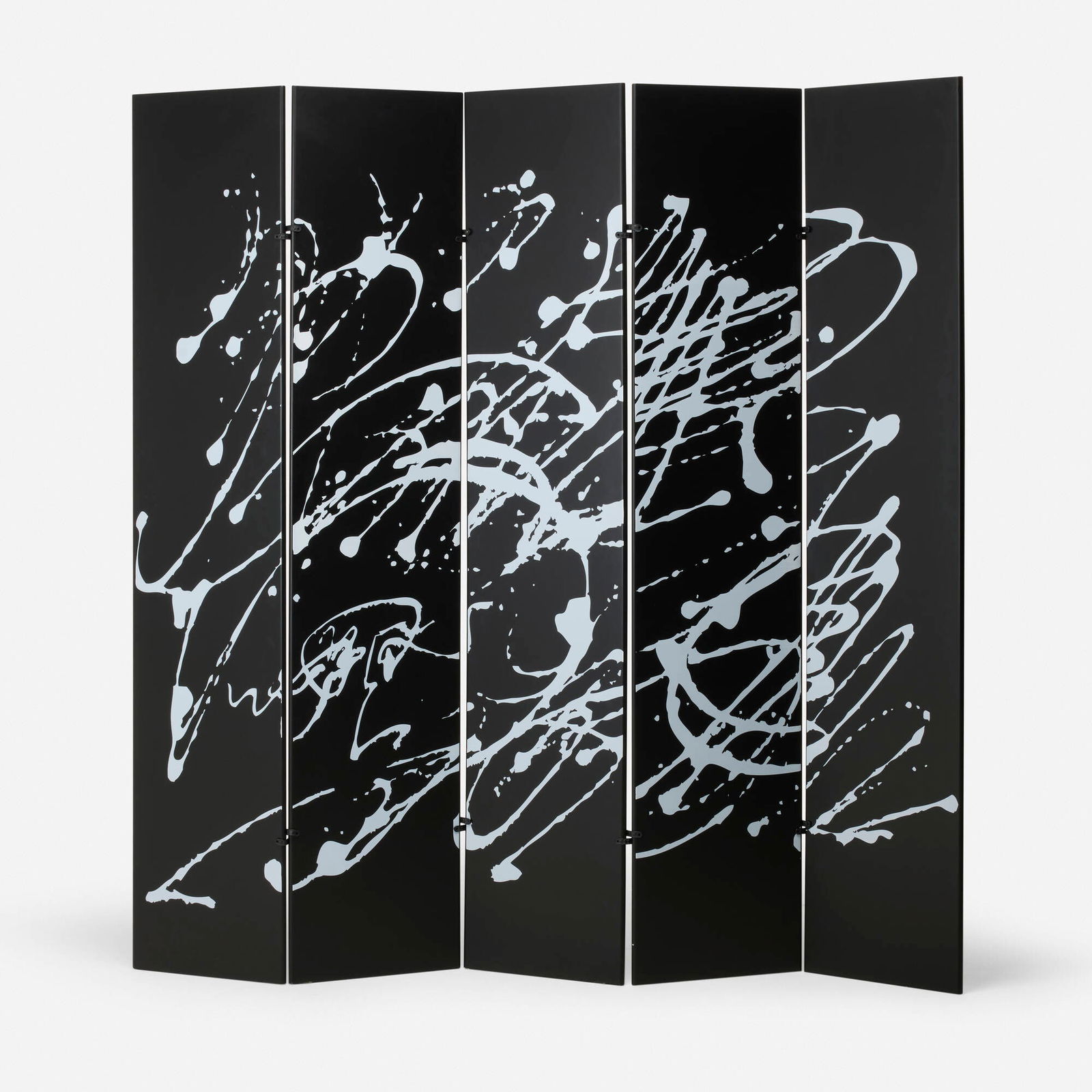 Dino Gavina and Kazuhide Takahama, Jackson Pollock five-panel folding screen: Dino Gavina and Kazuhide Takahama Jackson Pollock five-panel folding screen Simongavina Italy, 1977 lacquered wood with transfer print 86.25 h x 79.25 w x 11.5 d in (219 x 201 x 29 cm) Provenance: