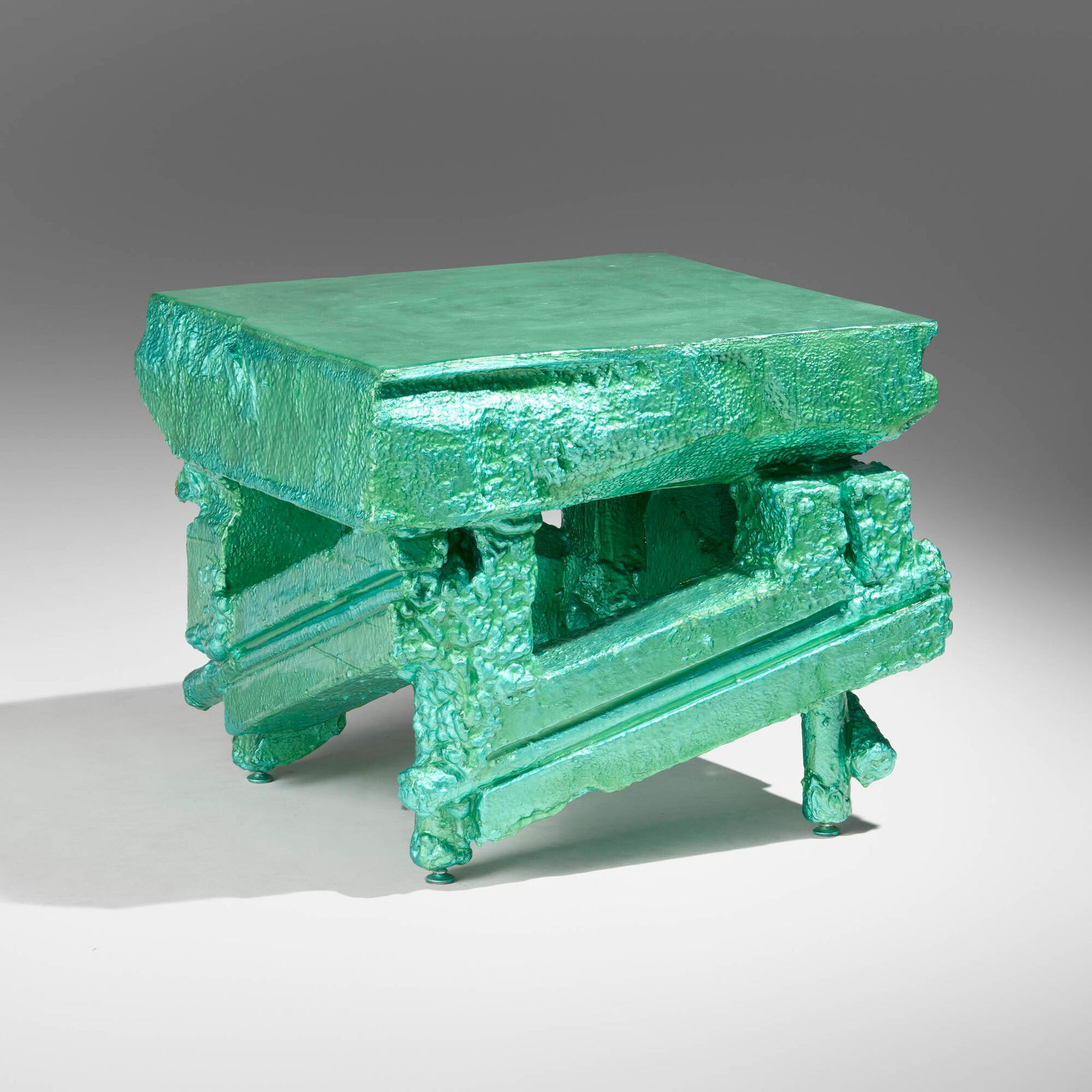 Chris Schanck, Occasional table from the Alufoil series: Chris Schanck Occasional table from the Alufoil series USA, 2014 polystyrene, aluminum foil, resin 22 h x 26.5 w x 25 d in (56 x 67 x 63 cm) This work is unique. Provenance: Phillips, New York,