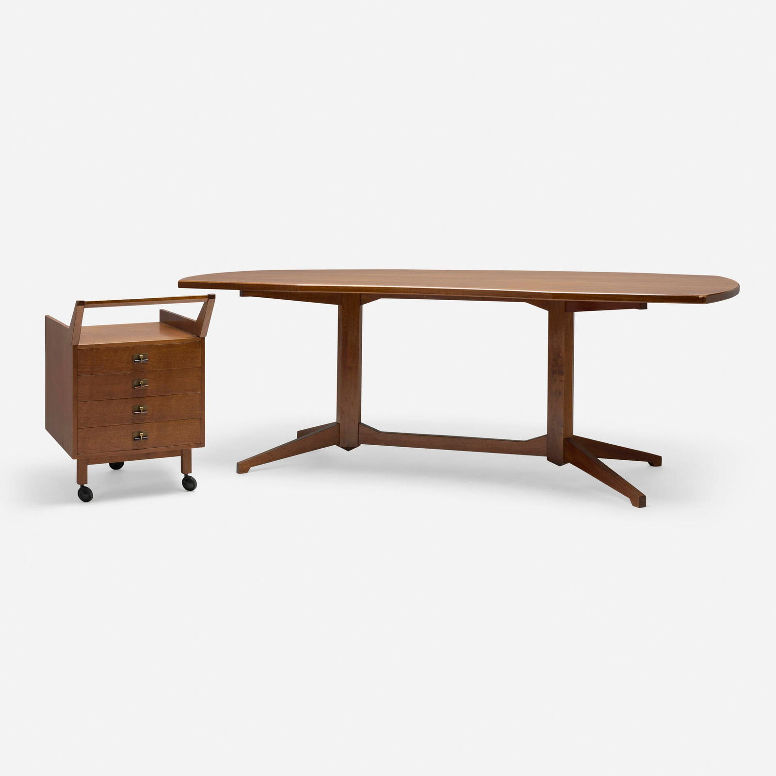 Franco Albini, Desk, model TL 22 and cart: Franco Albini Desk, model TL 22 and cart PoggiItaly, 1950mahogany, brass, rosewood desk: 28.75 h x 77.75 w x 41 d in (73 x 197 x 104 cm) cart: 28.75 h x 17.75 w x 26.75 d in (73 x 45 x 68 cm