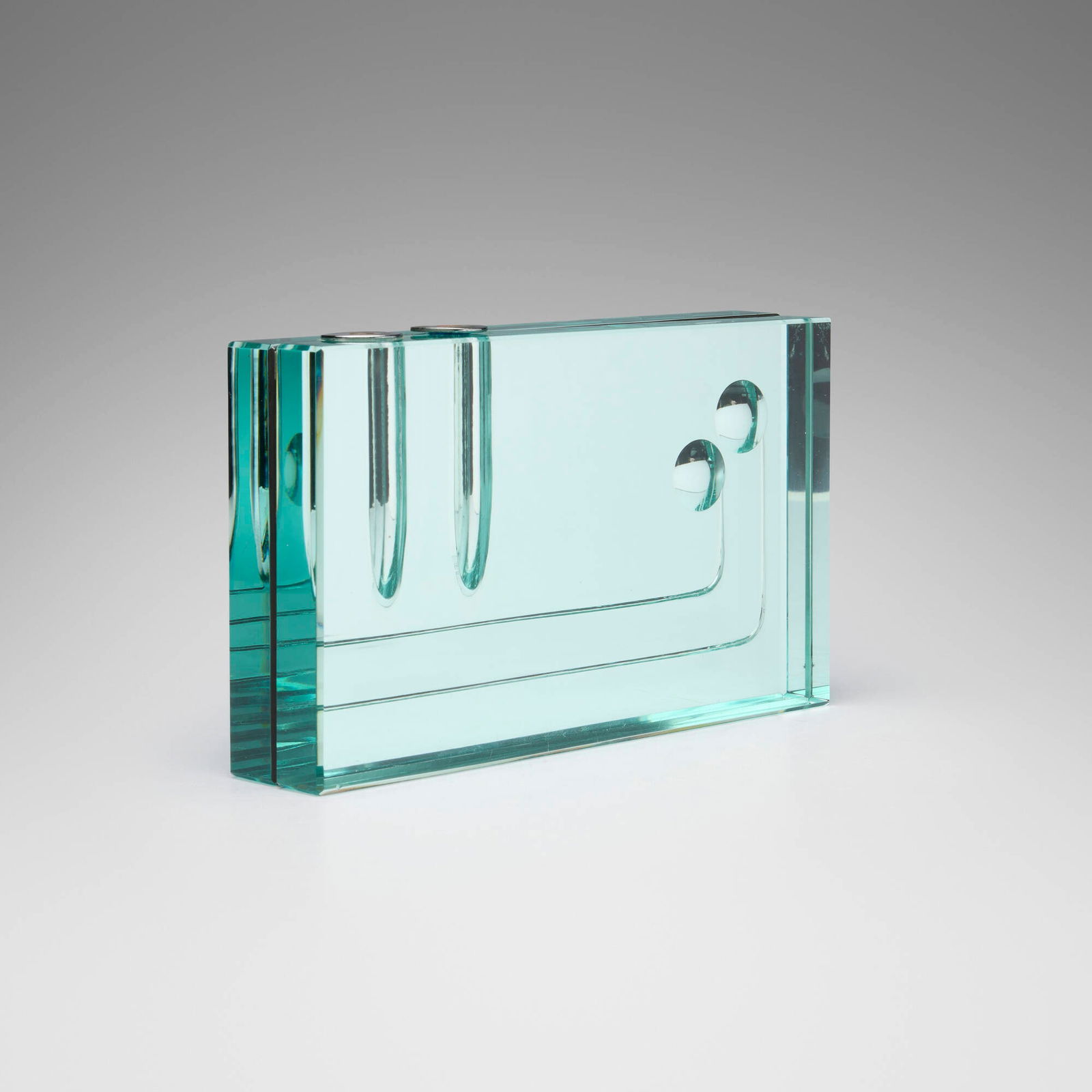 Fontana Arte, Bud vase: Fontana Arte Bud vase Italy, c. 1965mirrored glass, chrome-plated brass 6 h x 9.75 w x 2 d in (15 x 25 x 5 cm) Provenance: Private Collection This work wil