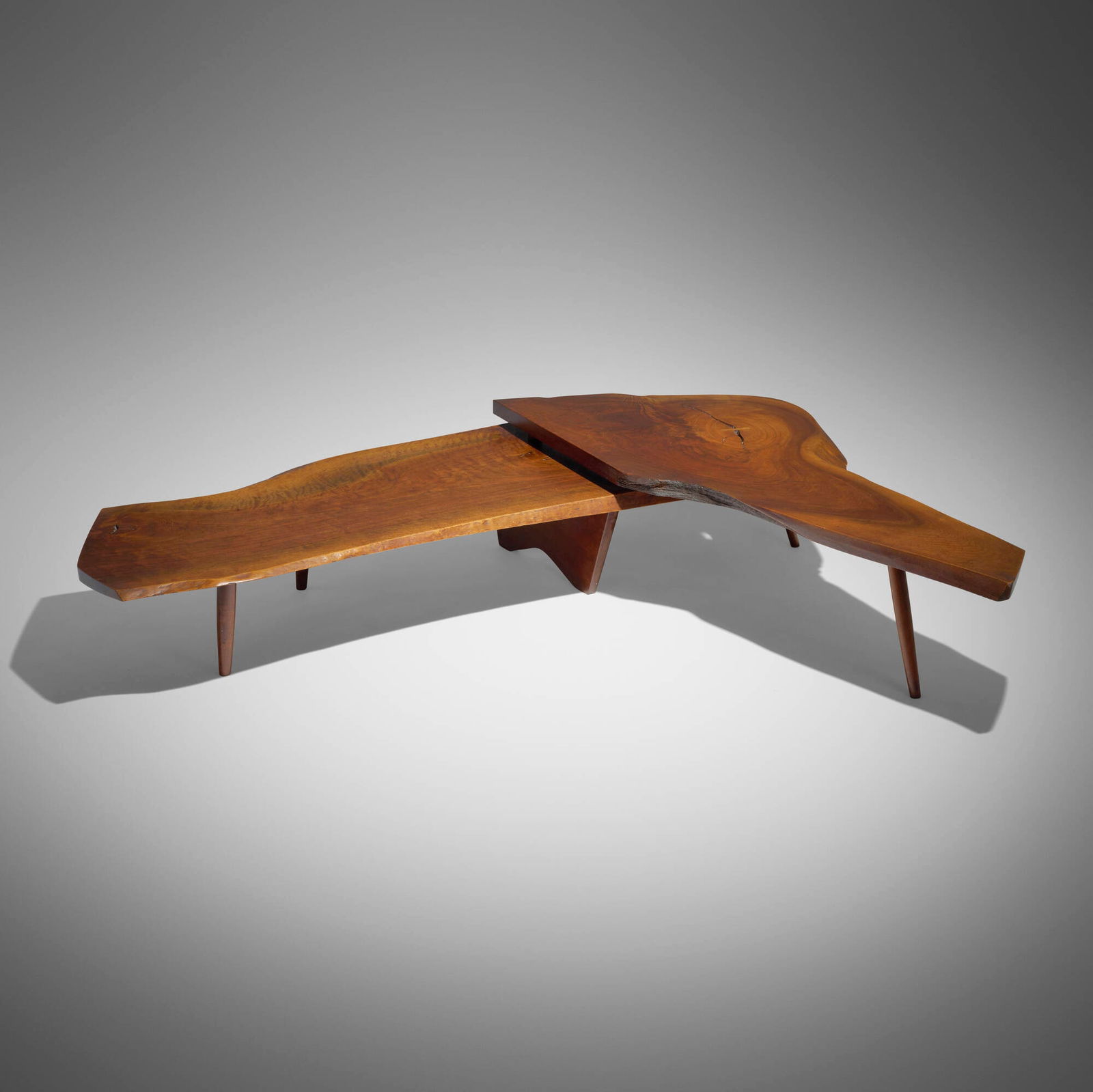 George Nakashima, Exceptional special-order Slab coffee table: George Nakashima Exceptional special-order Slab coffee table Nakashima StudioUSA, 1958American black walnut, rosewood 13.5 h x 78 w x 66 d in (34 x 198 x 168 cm) Coffee table features tw