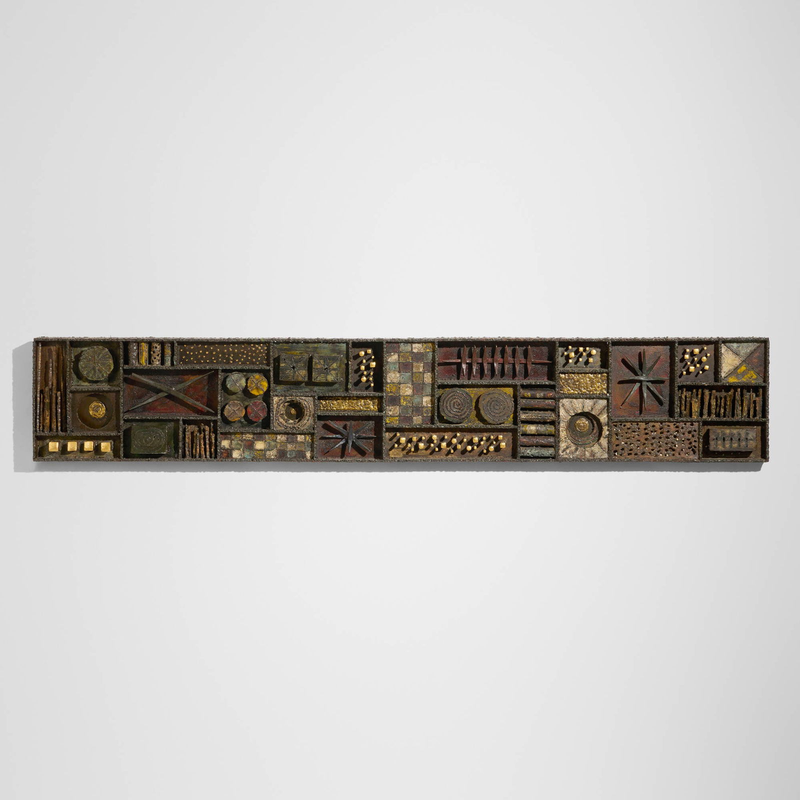 Paul Evans, Monumental and Rare wall-mounted sculptural front panel: Paul Evans Monumental and Rare wall-mounted sculptural front panel Paul Evans StudioUSA, 1965welded, gilt and polychromed steel, 23k gold leaf 14 h x 84 w x 4.5 d in (36 x 213 x 11 cm) W