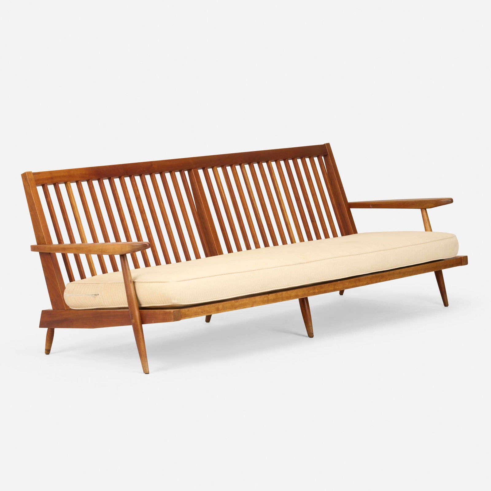 George Nakashima, Settee with Arms: George Nakashima Settee with Arms Nakashima StudioUSA, 1956cherry, upholstery 30.25 h x 89 w x 31 d in (77 x 226 x 79 cm) Sold with a digital copy of the original order card.