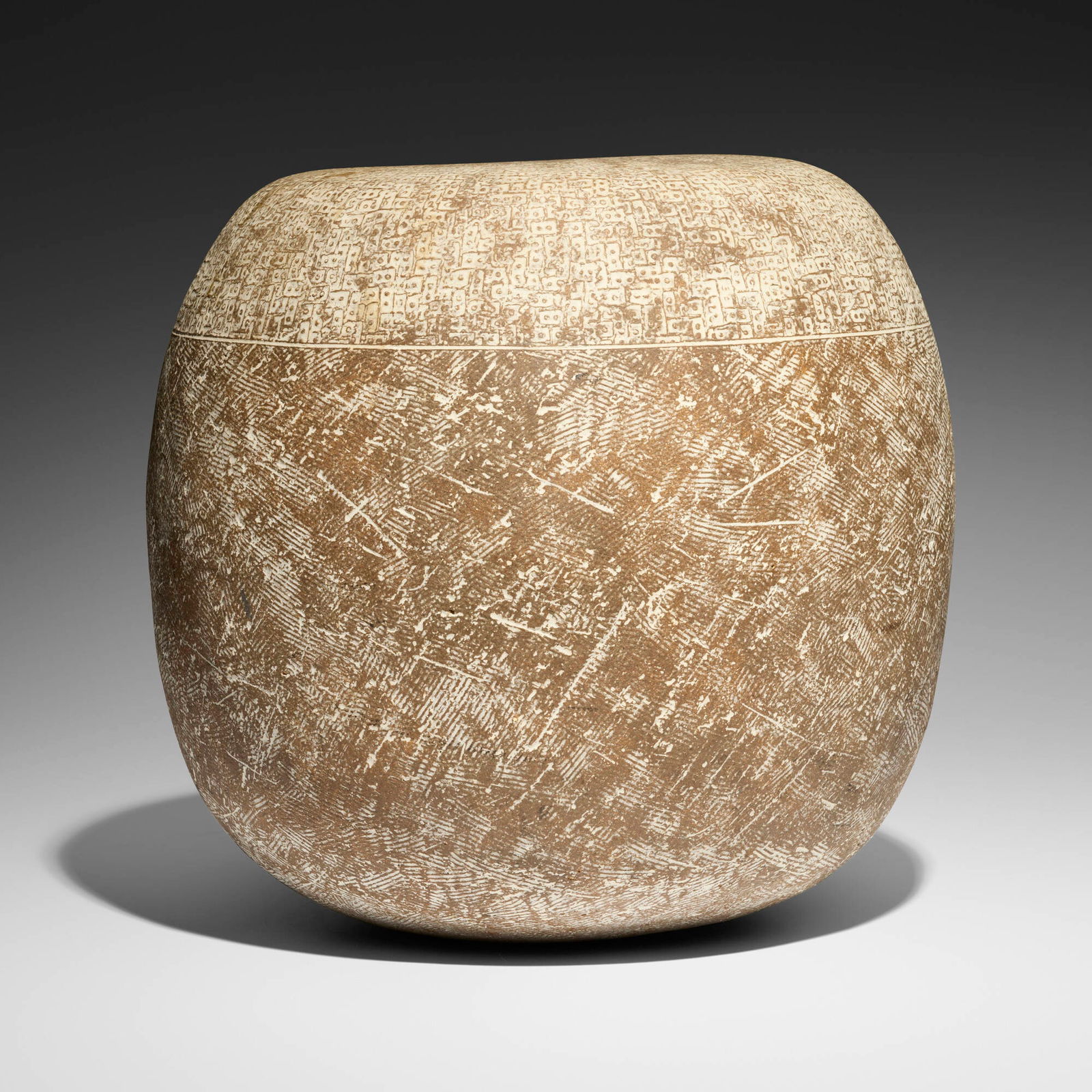 Claude Conover, Hobnel stool: Claude Conover Hobnel stool USA, 1984glazed stoneware with engobe decoration 16.5 h x 17.25 dia in (42 x 44 cm) Signed and titled to underside 'Claude Conover Hobnel'. Sold with a digital copy