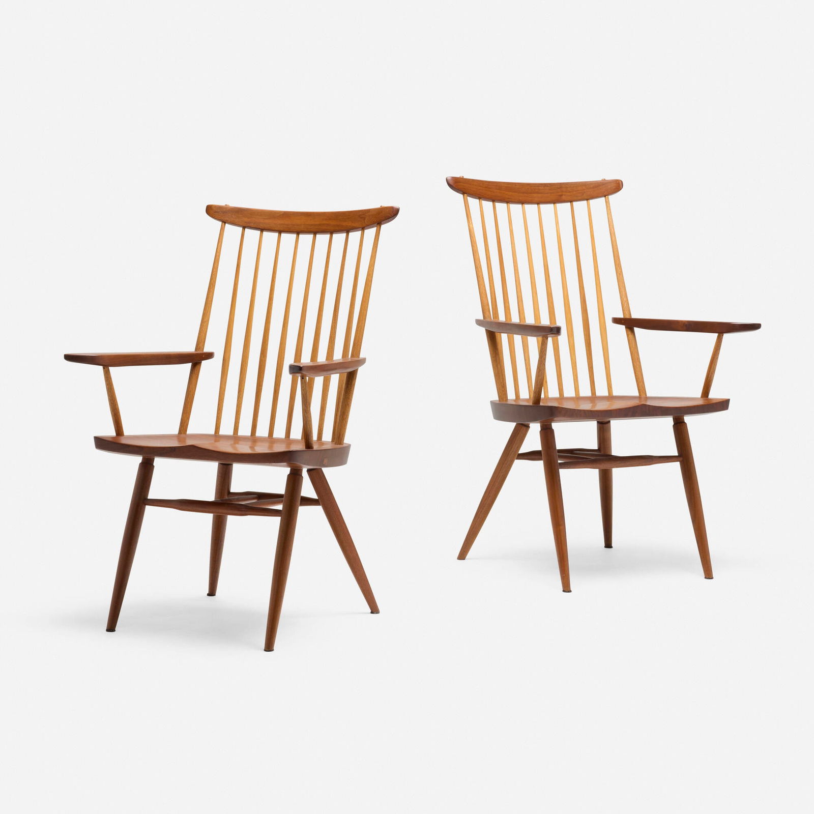 George Nakashima, New Chairs with Arms, pair: George Nakashima New Chairs with Arms, pair Nakashima StudioUSA, 1988American black walnut, hickory 39 h x 24.5 w x 24 d in (99 x 62 x 61 cm) Signed, dated and inscribed with client's na