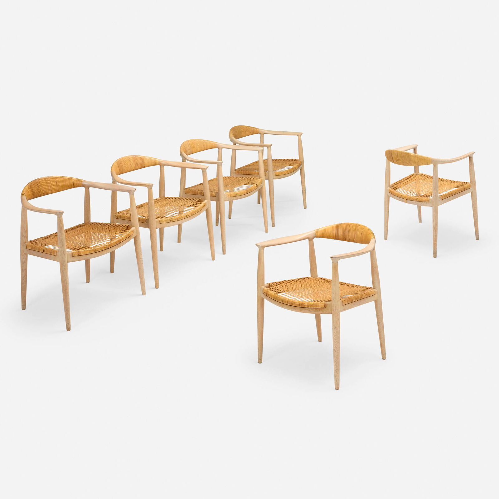 Hans J. Wegner, The Chairs, set of six: Hans J. Wegner The Chairs, set of six Johannes HansenDenmark, 1949 / c. 1960oak, cane 30 h x 24.75 w x 20.5 d in (76 x 63 x 52 cm) Branded manufacturer's mark to underside of each exampl