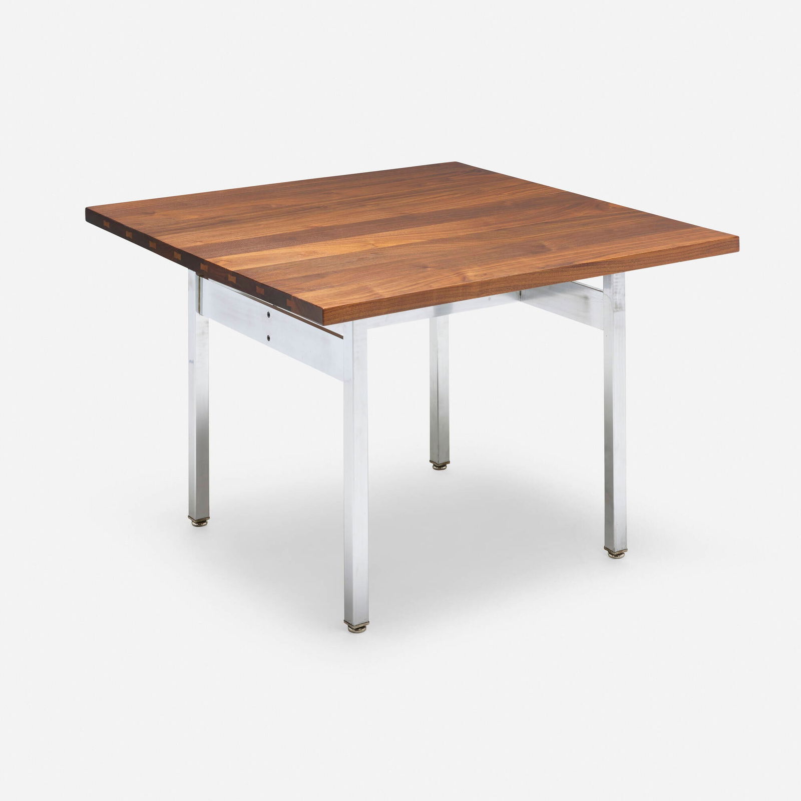 Florence Knoll and George Nakashima, Occasional table: Florence Knoll and George Nakashima Occasional table Knoll AssociatesUSA, c. 1959walnut, chrome-plated steel 25.25 h x 36 w x 35.75 d in (64 x 91 x 91 cm) Table features sixteen butterfl