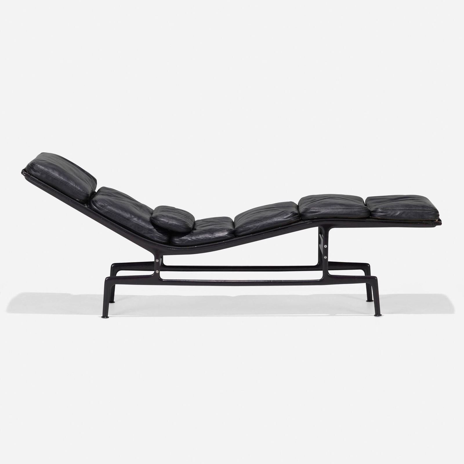 Charles and Ray Eames, Production Prototype Billy Wilder chaise lounge, model ES106: Charles and Ray Eames Production Prototype Billy Wilder chaise lounge, model ES106 Herman MillerUSA, 1968nylon-coated aluminum, plasticized Fiberthin, leather 27 h x 16.5 w x 74 d in (69 x 42 x
