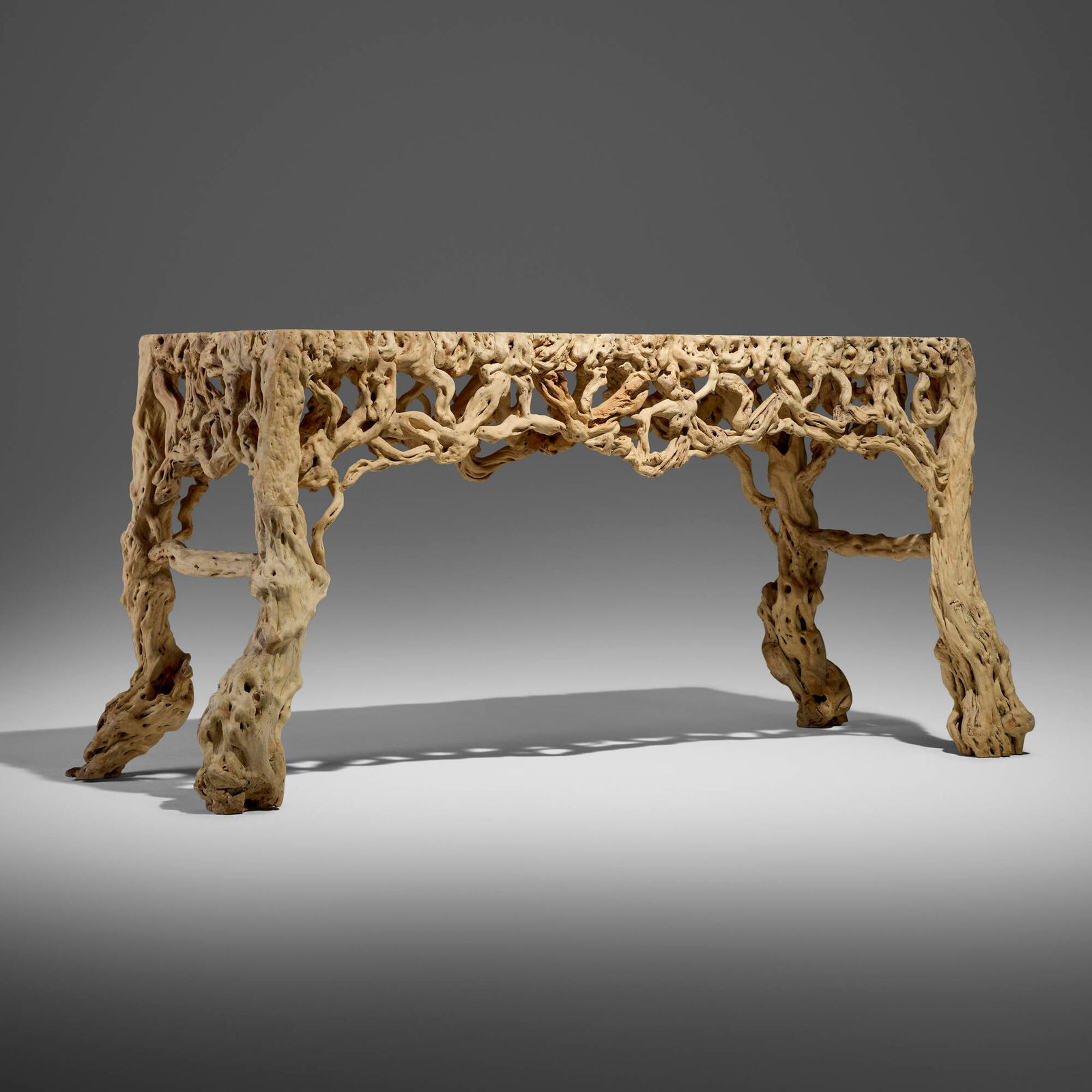 Joel Chen, Root wood console table: Joel Chen Root wood console table JF Chen USA, 21st century bleached root wood 33.5 h x 69 w x 26 d in (85 x 175 x 66 cm) Provenance: JF Chen, Los Angeles This work will ship from Los Angeles,
