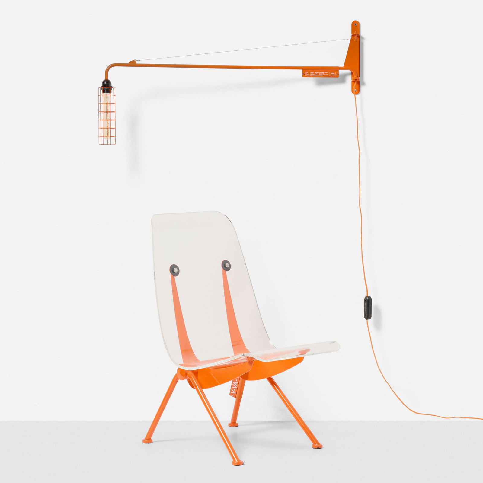 Virgil Abloh, Antony Chair and Petite Potence wall lamp: Virgil Abloh Antony Chair and Petite Potence wall lamp Vitra USA / Switzerland, 2019 powder-coated steel, acrylic chair: 35 h x 20 w x 25.5 d in (89 x 51 x 65 cm) sconce: 17.75 h x 3 w x 42 d in