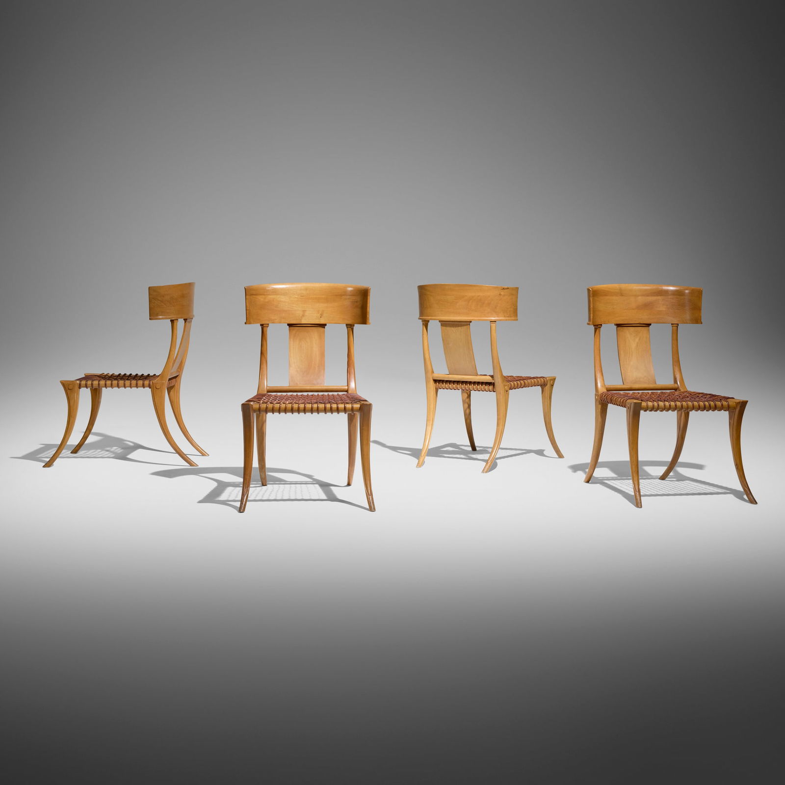 T.H. Robsjohn-Gibbings, Klismos chairs, set of four: T.H. Robsjohn-Gibbings Klismos chairs, set of four Saridis of AthensUnited Kingdom / Greece, 1961olive wood, leather 35 h x 20.75 w x 28.5 d in (89 x 53 x 72 cm) Metal manufacturer's lab
