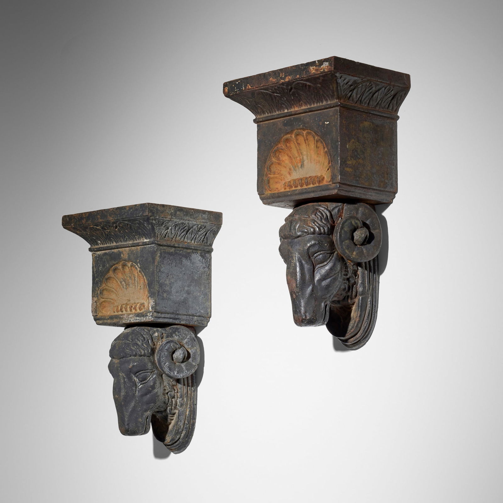 Architectural, Ram's head corbels, pair: Architectural Ram's head corbels, pair late 19th century cast iron 19.5 h x 11.5 w x 7.75 d in (50 x 29 x 20 cm) Provenance: JF Chen, Los Angeles This work will ship from Los Angeles, California.