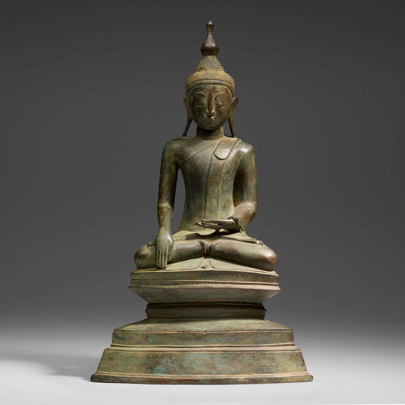 Burmese, Buddha: Burmese Buddha 18th-19th century bronze 24 h x 14 w x 7.5 d in (61 x 36 x 19 cm) Provenance: JF Chen, Los Angeles This work will ship from Los Angeles, California.
