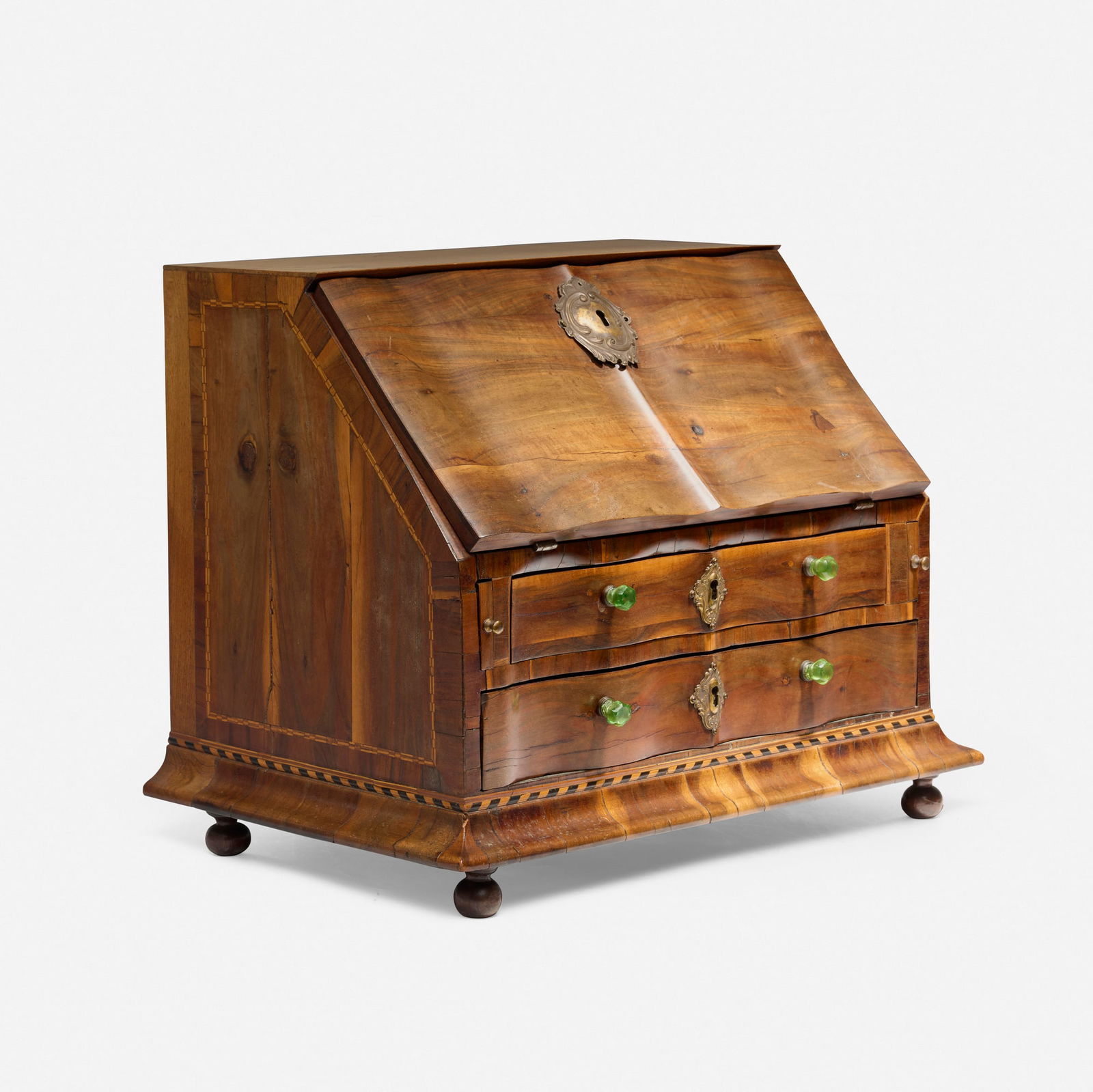 Dutch, Inlaid drop-front cabinet: Dutch Inlaid drop-front cabinet 18th century walnut, maple inlay, brass, glass 16.5 h x 20.75 w x 13.5 d in (42 x 53 x 34 cm) open: 16.5 h x 20.75 w x 21.5 d in (42 x 53 x 55 cm) Cabinet features