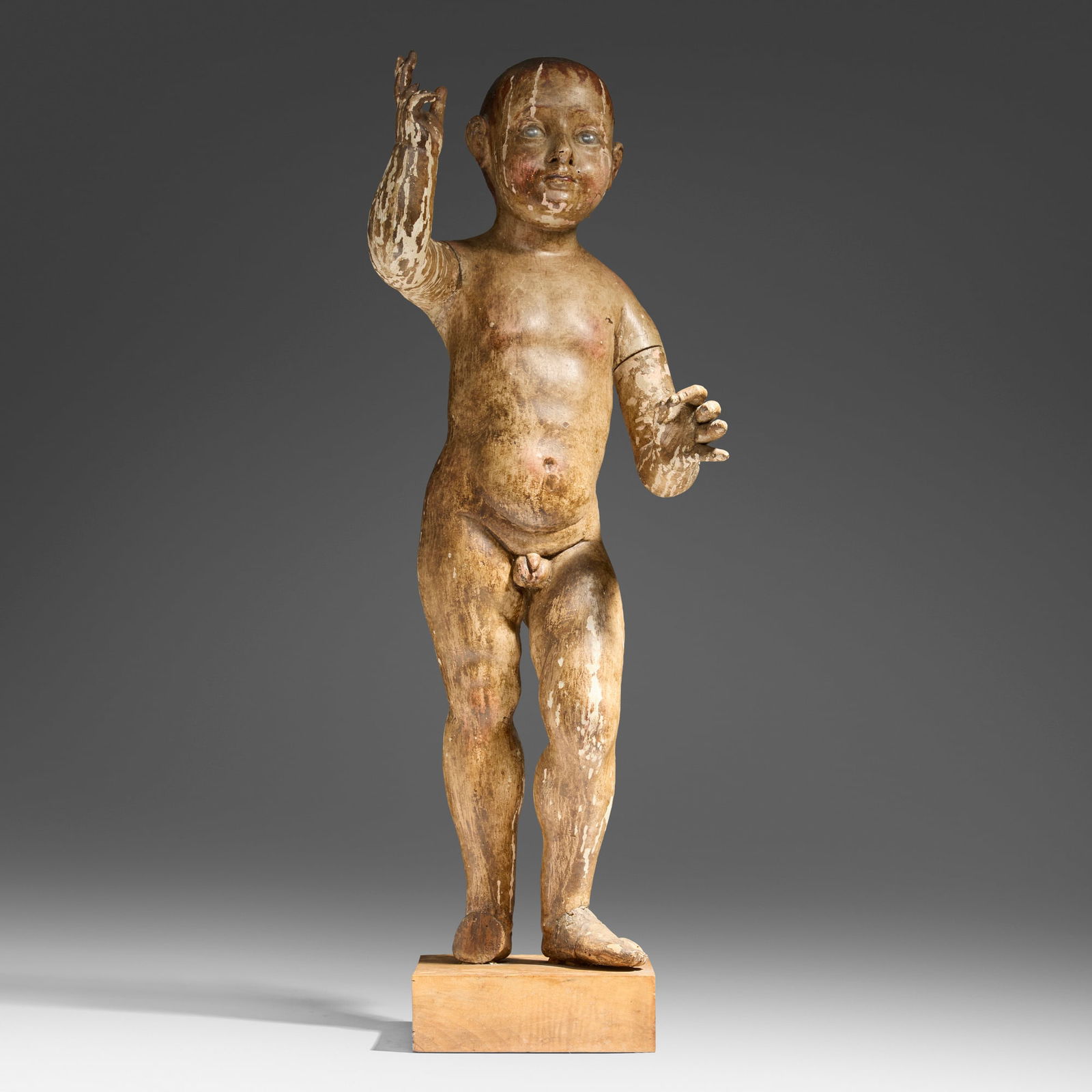 Spanish, Christ child figure: Spanish Christ child figure 18th-19th century paint and gesso over wood 30 h x 10 w x 9 d in (76 x 25 x 23 cm) Provenance: JF Chen, Los Angeles This work will ship from Los Angeles, California.