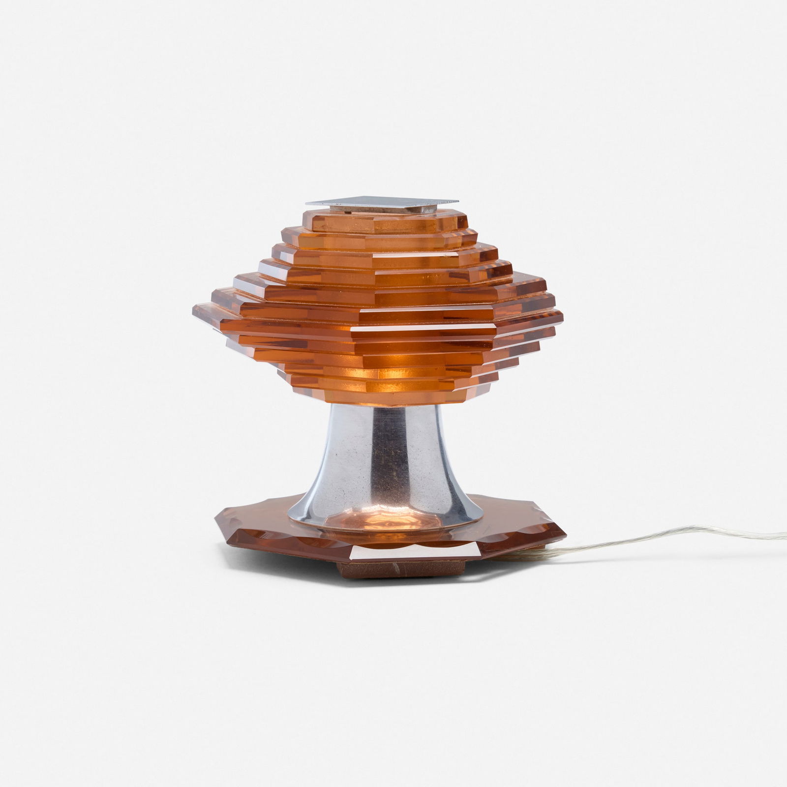 Maison Desny, attribution, Table lamp: Maison Desny, attribution Table lamp France, c. 1930 glass, chrome-plated aluminum 5.5 h x 5.5 w x 5.5 d in (14 x 14 x 14 cm) Provenance: JF Chen, Los Angeles This work will ship from Los