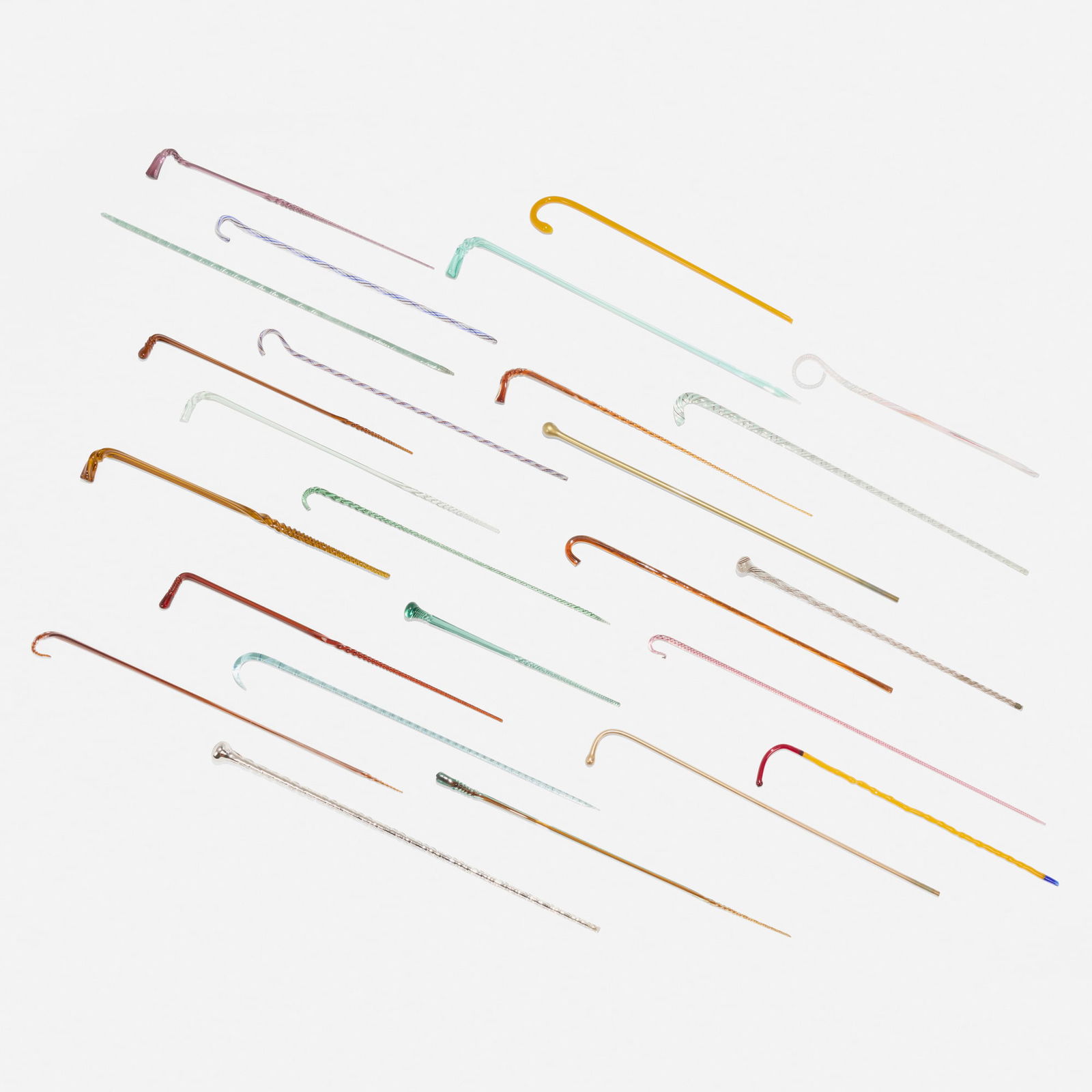 Murano, Collection of twenty-five walking sticks: Murano Collection of twenty-five walking sticks Italy, 20th century hand-blown glass largest: 42.25 h x 6 w x 1.25 d in (107 x 15 x 3 cm) smallest: 24.5 h x 1 d in (62 x 3 cm) Provenance: JF Chen,