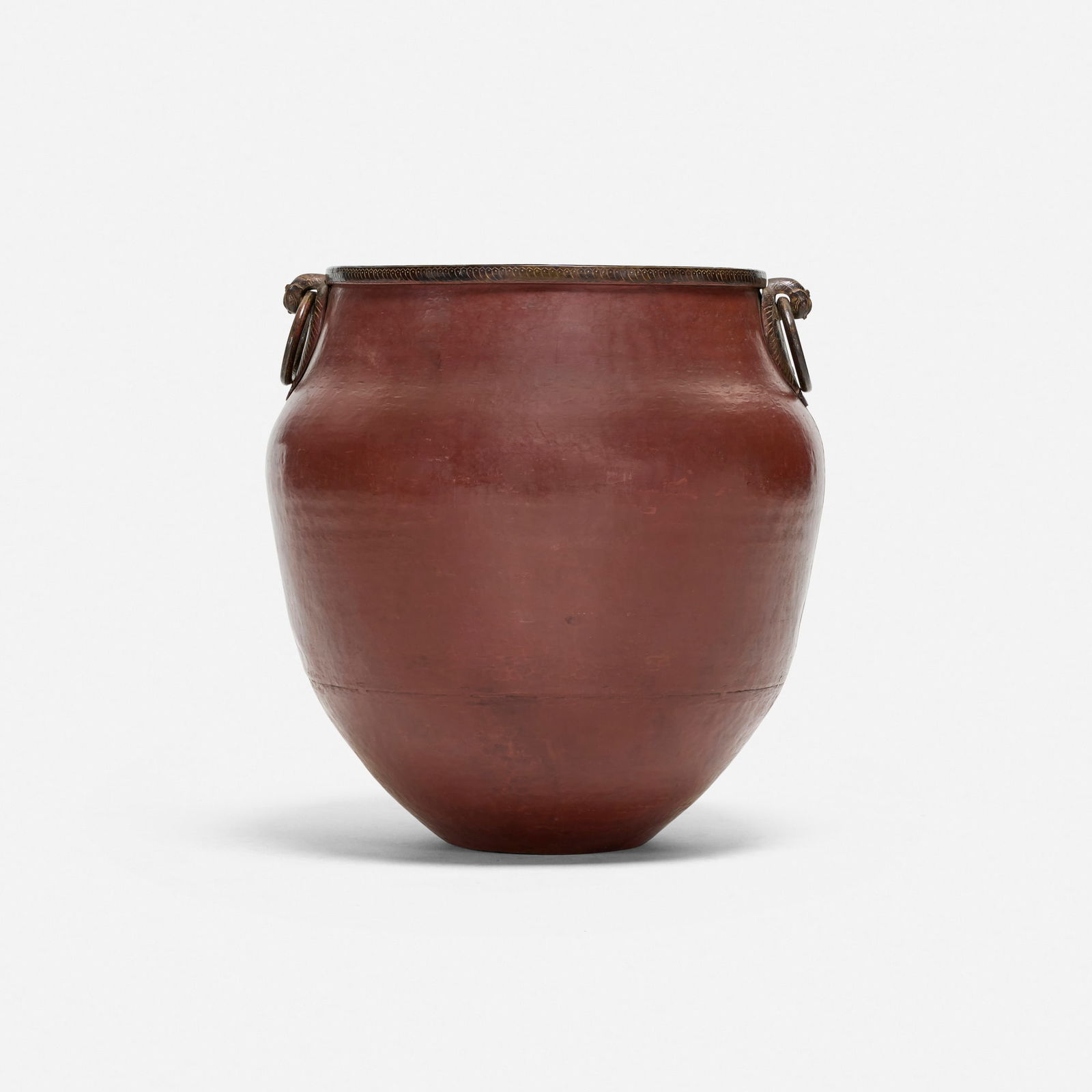 Indian, Monumental planter with peacock handles: Indian Monumental planter with peacock handles c. 1910 painted and hammered copper 35 h x 32 dia in (89 x 81 cm) Provenance: JF Chen, Los Angeles This work will ship from Los Angeles, California.