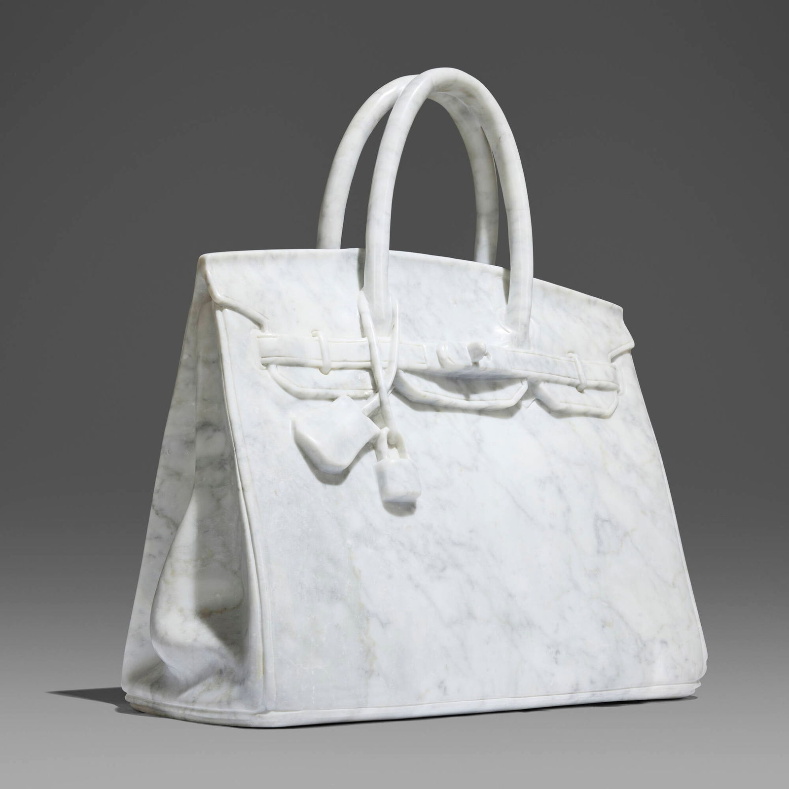 Artist Unknown, Untitled (Birkin Bag): Artist Unknown Untitled (Birkin Bag) 21st century Carrara marble 20 h x 16.5 w x 8.75 d in (51 x 42 x 22 cm) This was work commissioned for interior designer William David. Incised inscription to