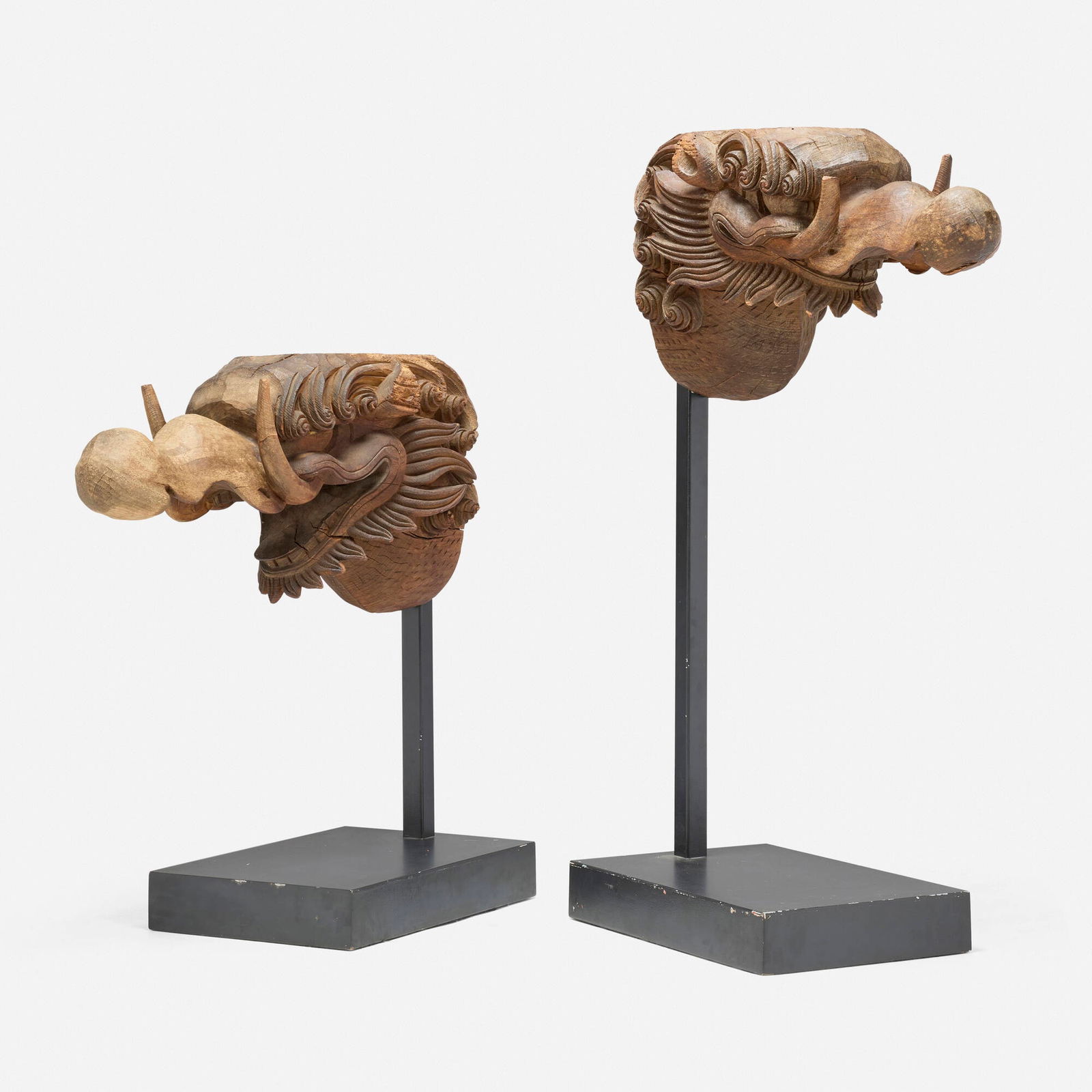 Japanese, Baku (Dream Eater) corbels, pair: Japanese Baku (Dream Eater) corbels, pair Meiji period carved keyaki wood 46 h x 23 w x 14 d in (117 x 58 x 36 cm) 33 h x 30 w x 14 d in (84 x 76 x 36 cm) Japanese inscription to reverse of larger