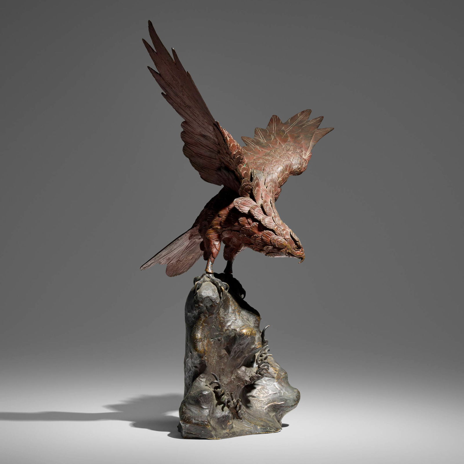 Japanese, Okimono of a hawk: Japanese Okimono of a hawk Meiji period (late 19th century) patinated bronze 19 h x 17.5 w x 8.75 d in (48 x 44 x 22 cm) Provenance: JF Chen, Los Angeles This work will ship from Los Angeles,