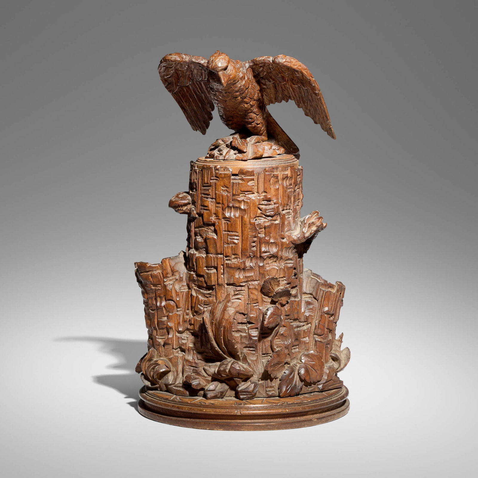 Polish, Continental carved tobacco jar with eagle: Polish Continental carved tobacco jar with eagle c. 1900 carved walnut 13.5 h x 8.25 w x 7.75 d in (34 x 21 x 20 cm) Incised signature to underside 'Rymanow'. Provenance: JF Chen, Los Angeles 