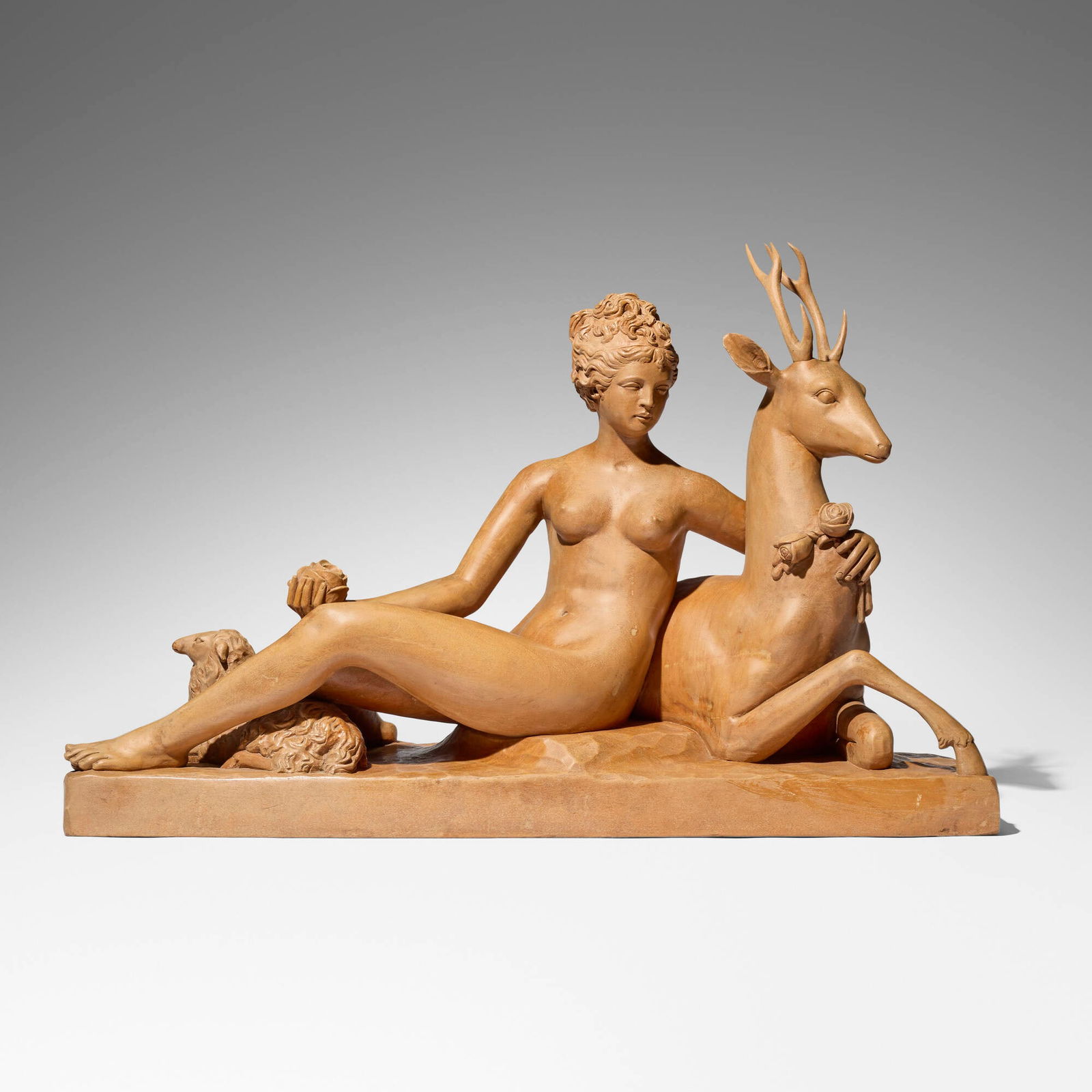 Artist Unknown, Untitled (Diana with Stag and Sheep): Artist Unknown Untitled (Diana with Stag and Sheep) c. 1945 carved boxwood 22.5 h x 34.5 w x 13.5 d in (57 x 88 x 34 cm) Provenance: JF Chen, Los Angeles This work will ship from Los Angeles,