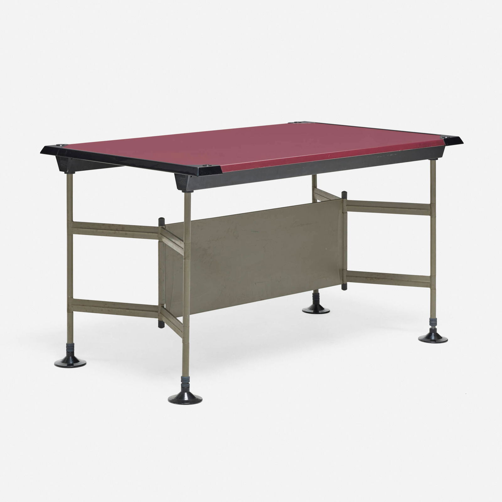 Studio BBPR, Spazio desk: Studio BBPR Spazio desk Olivetti Italy, c. 1965 vinyl, plastic, enameled steel 31 h x 51 w x 32 d in (79 x 130 x 81 cm) Molded manufacturer's mark to apron 'Olivetti Arredamenti Metallici Spazio'.