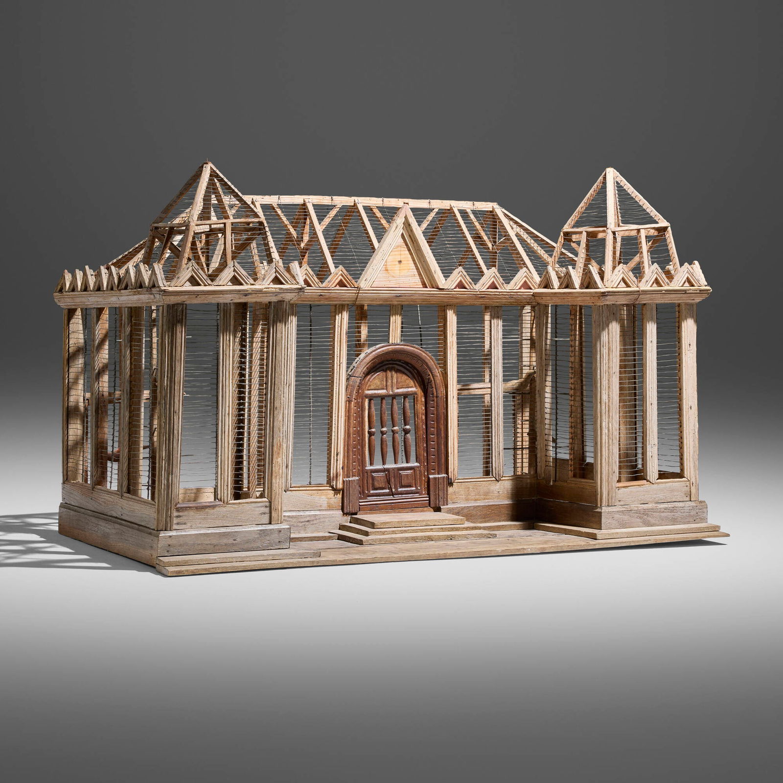 Folk Art, Bird cage: Folk Art Bird cage USA, 20th century wood, steel wire 30 h x 27 w x 48.5 d in (76 x 69 x 123 cm) Provenance: JF Chen, Los Angeles This work will ship from Los Angeles, California.