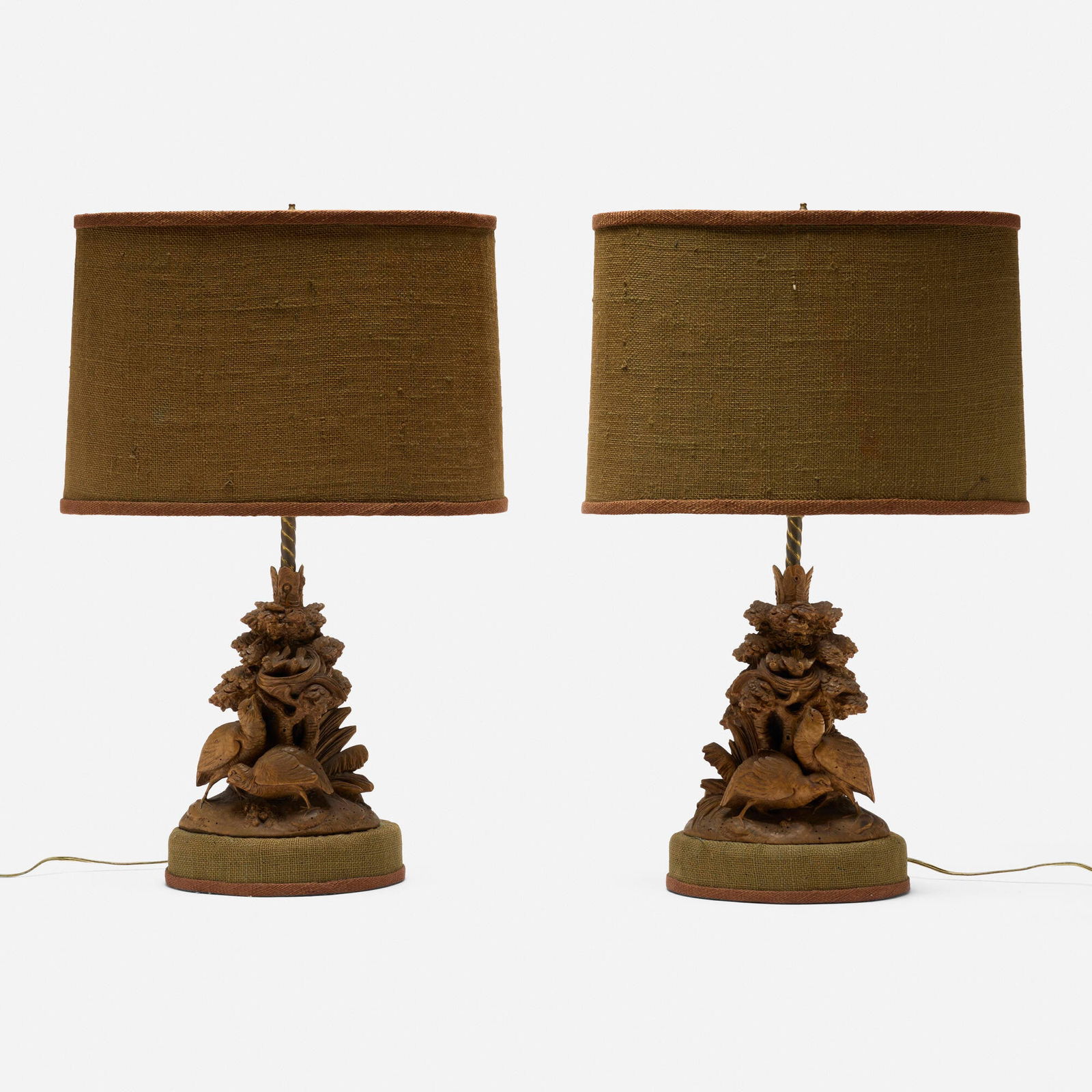 Black Forest, Quail table lamps, pair: Black Forest Quail table lamps, pair Switzerland or Germany, 19th century carved wood, burlap, brass 27.5 h x 18.5 w x 10.75 d in (70 x 47 x 27 cm) Made in the 1950s, these lamps feature antique