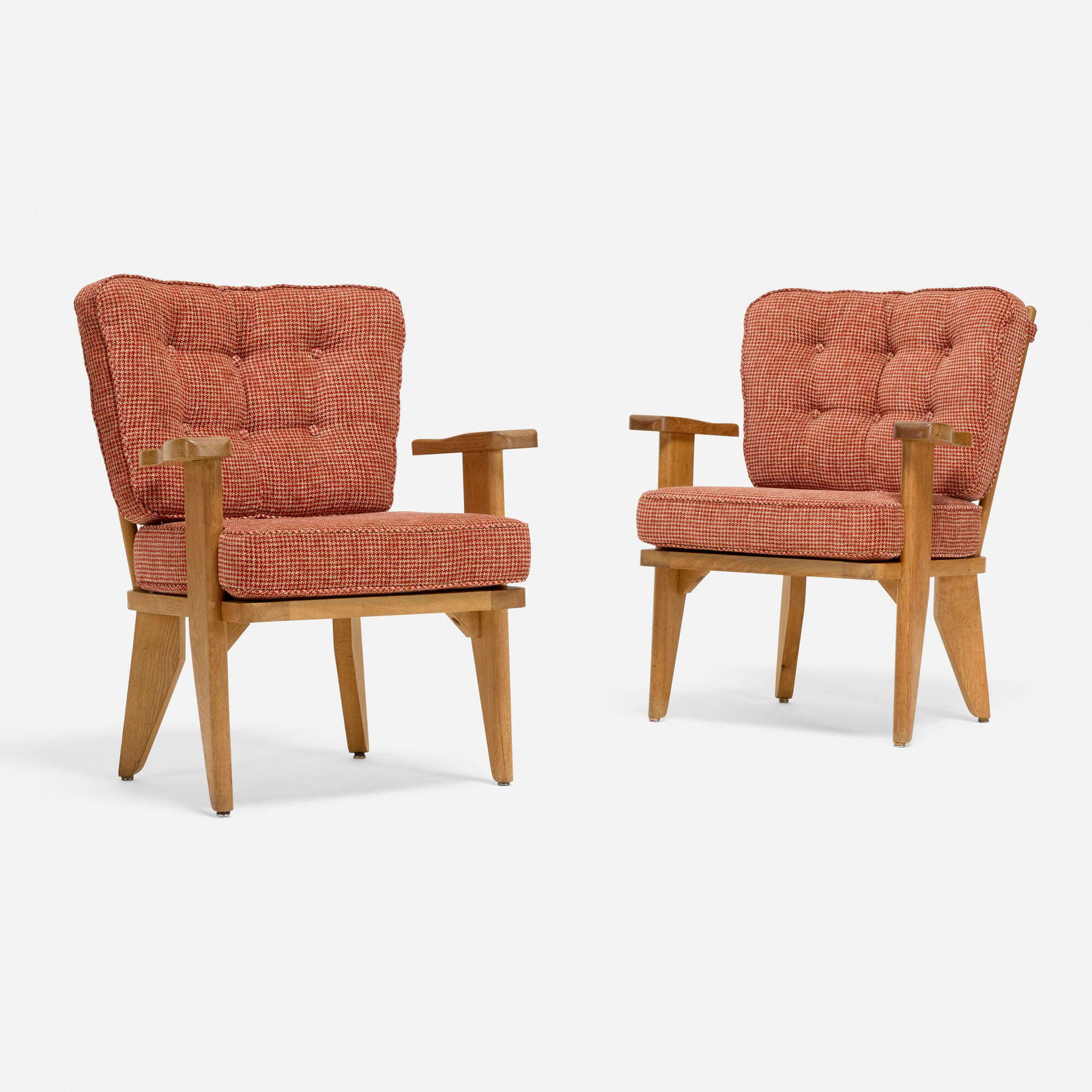 Robert Guillerme and Jacques Chambron, Caqueteuse armchairs, pair: Robert Guillerme and Jacques Chambron Caqueteuse armchairs, pair Votre Maison France, c. 1965 oak, upholstery 34 h x 27 w x 23 d in (86 x 69 x 58 cm) Provenance: JF Chen, Los Angeles This work