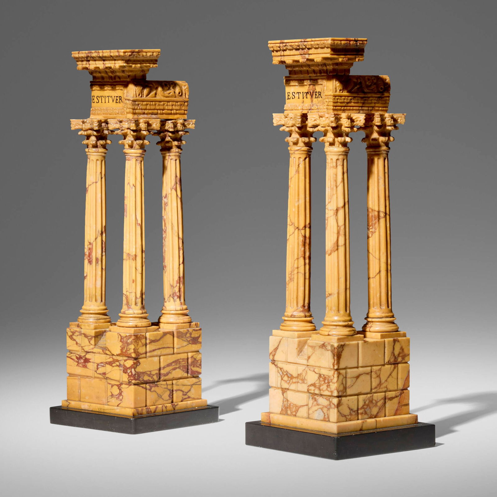Italian, Grand Tour architectural table articles, set of two: Italian Grand Tour architectural table articles, set of two 19th century marble 11.5 h x 4 w x 4 d in (29 x 10 x 10 cm) Provenance: JF Chen, Los Angeles This work will ship from Los Angeles,