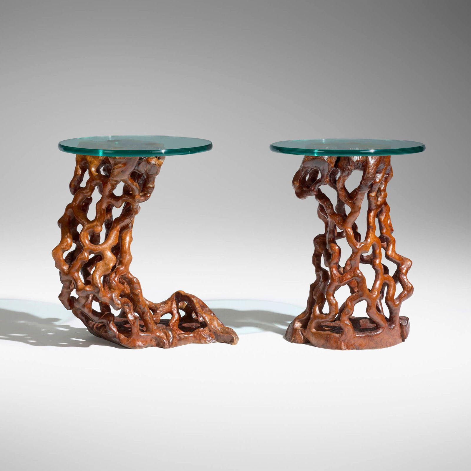 20th Century, Root wood occasional tables from the Lichtenstein Collection, pair: 20th Century Root wood occasional tables from the Lichtenstein Collection, pair glass, root wood 23.75 h x 19 w x 18 d in (60 x 48 x 46 cm) 23.75 h x 18 w x 18 d in (60 x 46 x 46 cm) Provenance: