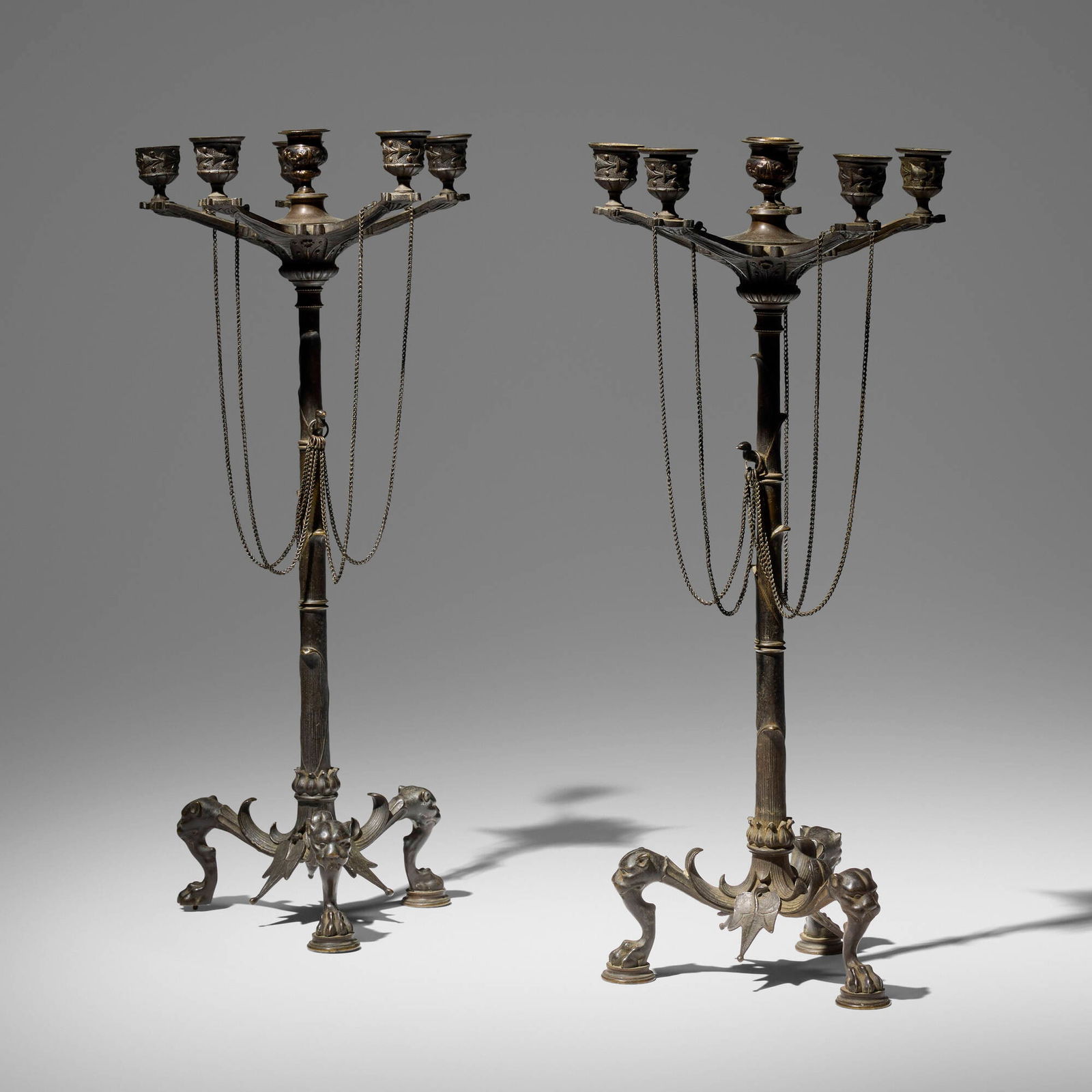 French, Candelabra, pair: French Candelabra, pair 19th century bronze 20.25 h x 9.5 dia in (51 x 24 cm) Impressed maker's mark to top of each example 'A*D'. Provenance: JF Chen, Los Angeles This work will ship from Los
