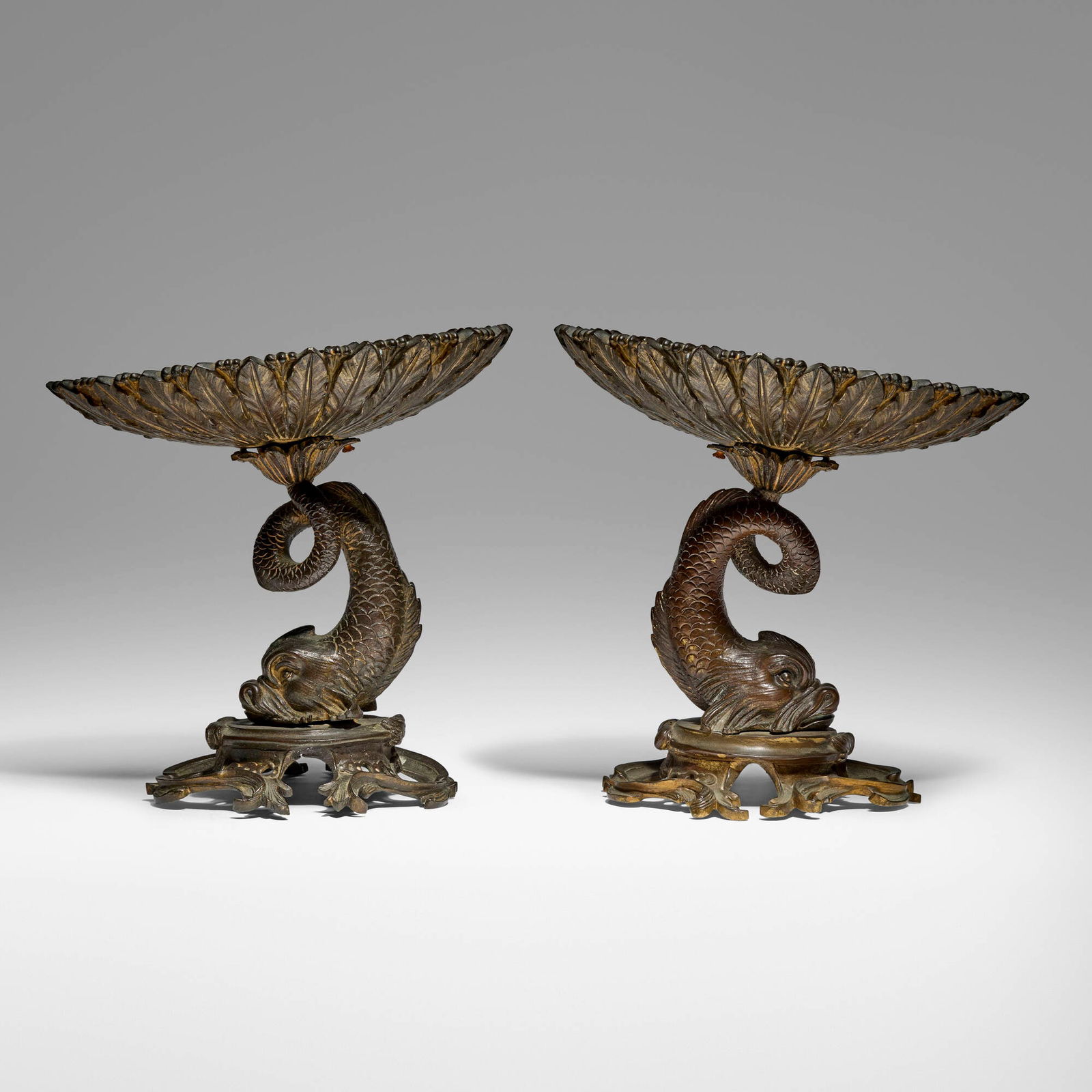 French, Rococo-style dolphin vide-poches, pair: French Rococo-style dolphin vide-poches, pair 19th century gilt bronze 7.25 h x 8 w x 5.5 d in (18 x 20 x 14 cm) Provenance: JF Chen, Los Angeles This work will ship from Los Angeles, California.
