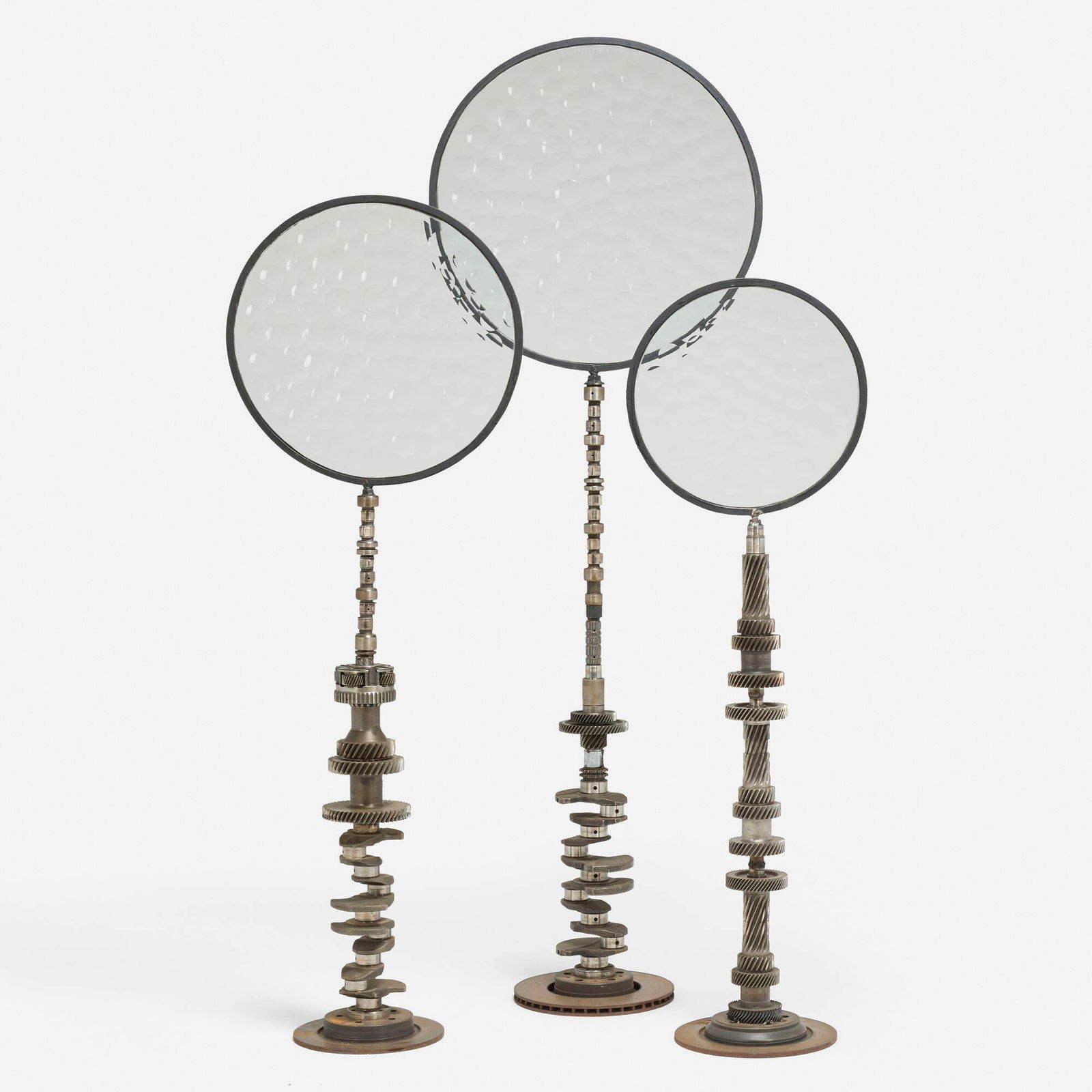 Feliciano Bejar, Magiscopes (three works): Feliciano Bejar Magiscopes (three works) c. 1976 glass, steel 74 h x 24.5 w x 12 d in (188 x 62 x 30 cm) 62 h x 20.5 w x 10 d in (157 x 52 x 25 cm) 56 h x 17 w x 11.5 d in (142 x 43 x 29 cm) 