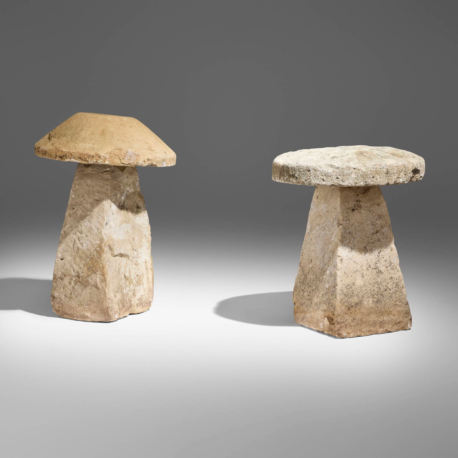 English, Staddle stones, set of two: English Staddle stones, set of two 18th-19th century sandstone 31 h x 22 dia in (79 x 56 cm) 26 h x 21.5 dia in (66 x 55 cm) Provenance: Collection of Kim Kardashian, Los Angeles | JF Chen, Los