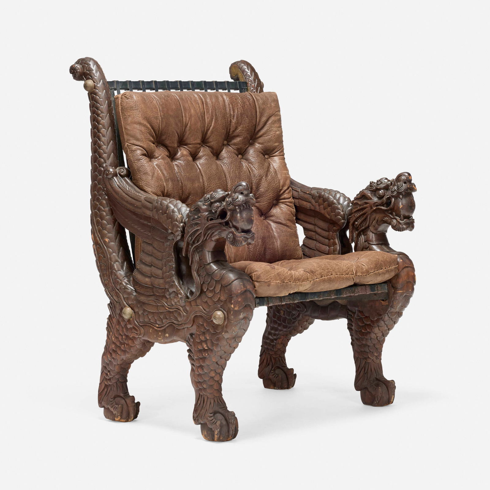 Chinese, Dragon chair: Chinese Dragon chair 20th century carved and stained oak, steel, brass, leather 34 h x 28.5 w x 27 d in (86 x 72 x 69 cm) Provenance: JF Chen, Los Angeles This work will ship from Los Angeles,