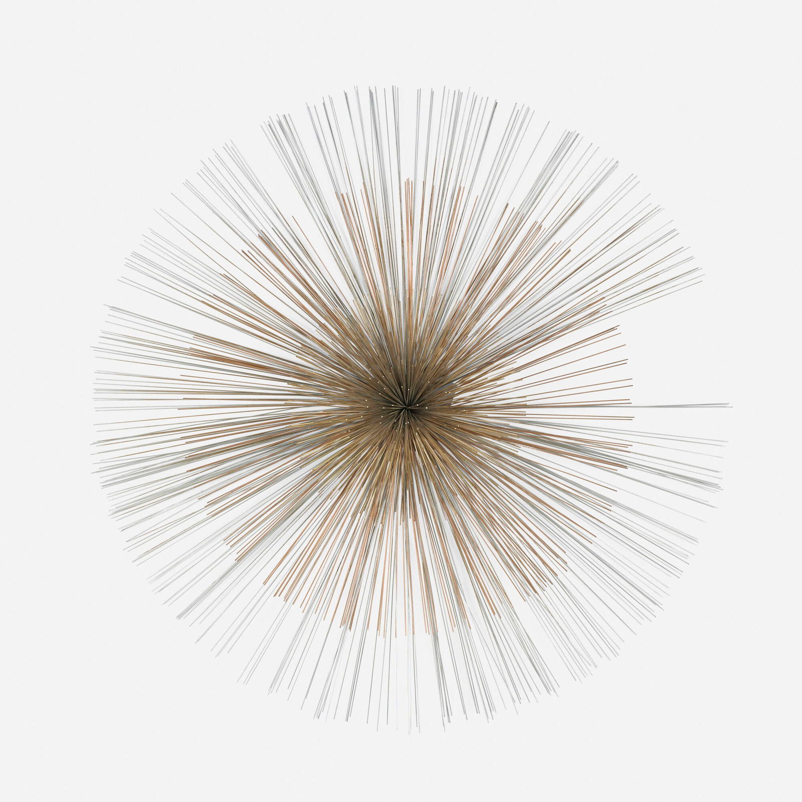 C. Jere, attribution, Sunburst wall sculpture: C. Jere, attribution Sunburst wall sculpture c. 1975 zinc-plated steel, brass-plated steel 11 d x 41 dia in (28 x 104 cm) Provenance: Private Collection This work will ship from Chicago,