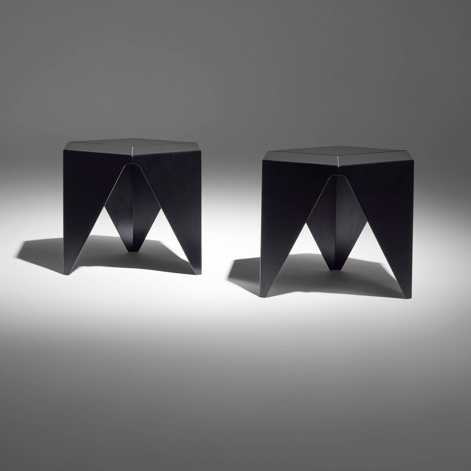 Isamu Noguchi, Prismatic tables, pair: Isamu Noguchi Prismatic tables, pair Vitra USA / Switzerland, 1957 / 2002 enameled metal 14.75 h x 18.5 dia in (37 x 47 cm) Decal manufacturer's label to underside of each example 'Prismatic Table