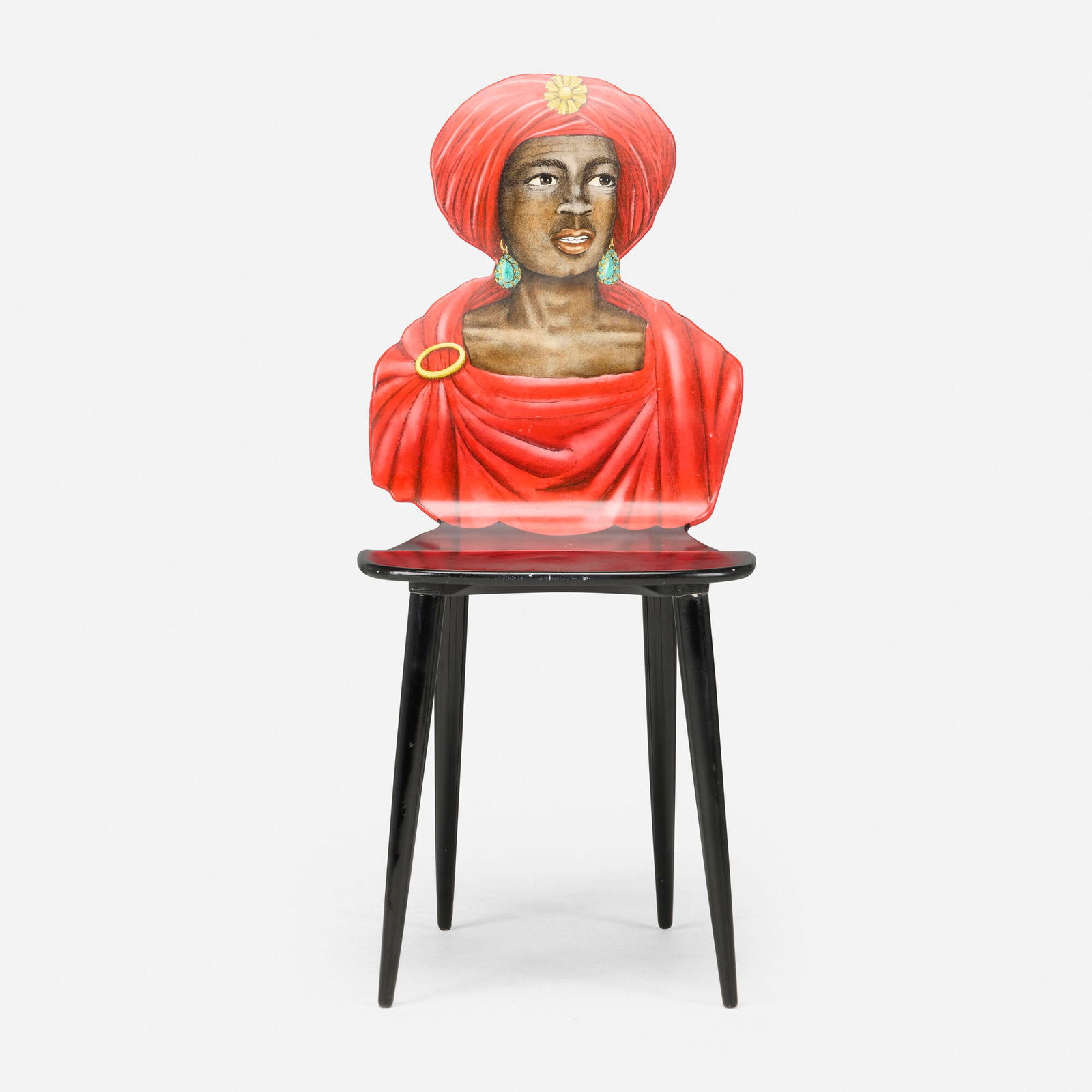 Piero Fornasetti, Moro chair: Piero Fornasetti Moro chair Fornasetti Milano Italy, c. 1958 / 2002 screenprint transfer on wood and metal with hand-painting 37.75 h x 16.25 w x 21.75 d in (96 x 41 x 55 cm) Signed and dated to