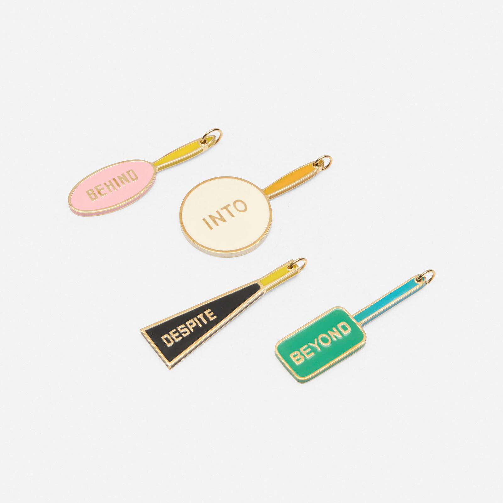 Bill Beckley, Preposition Paddle Pendants set: Bill Beckley Preposition Paddle Pendants set USA, 2014 18k yellow gold, enamel 2.25 h x 0.625 w x 0.125 d in (6 x 2 x 0 cm) 2.25 h x 1.25 w x 0.125 d in (6 x 3 x 0 cm) Lot is comprised of Behind,