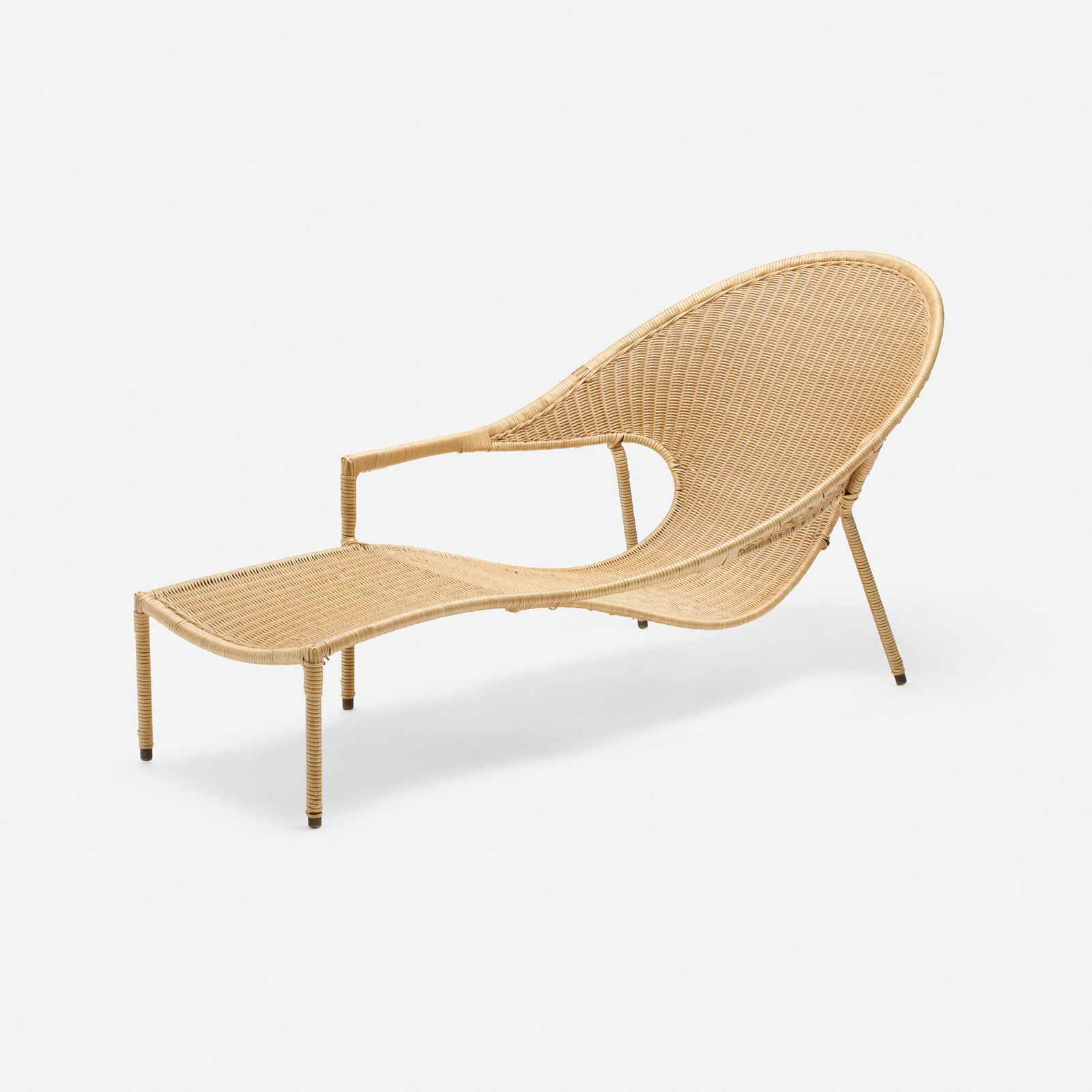 Francis Mair, Chaise lounge: Francis Mair Chaise lounge USA, c. 1965 rattan, brass 28.25 h x 27.5 w x 58 d in (72 x 70 x 147 cm) This work will ship from Chicago, Illinois.